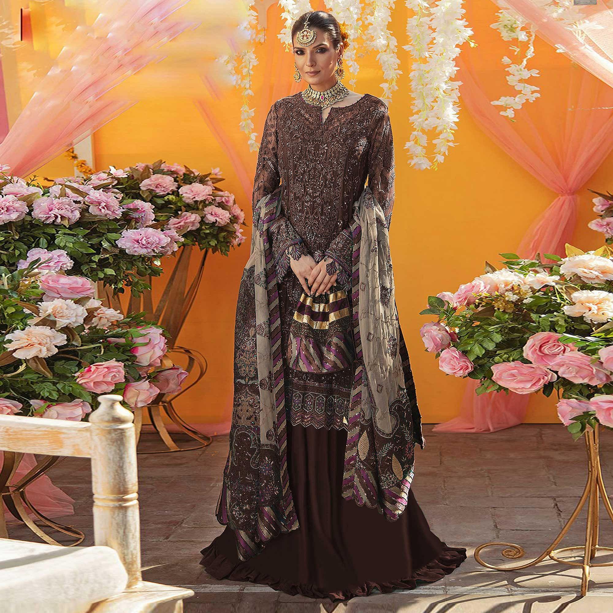 Dark Brown Embroidered Georgette Suit - Peachmode