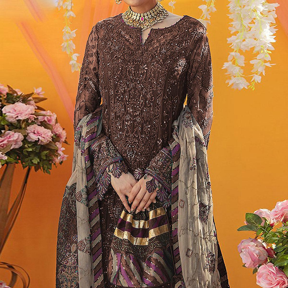 Dark Brown Embroidered Georgette Suit - Peachmode