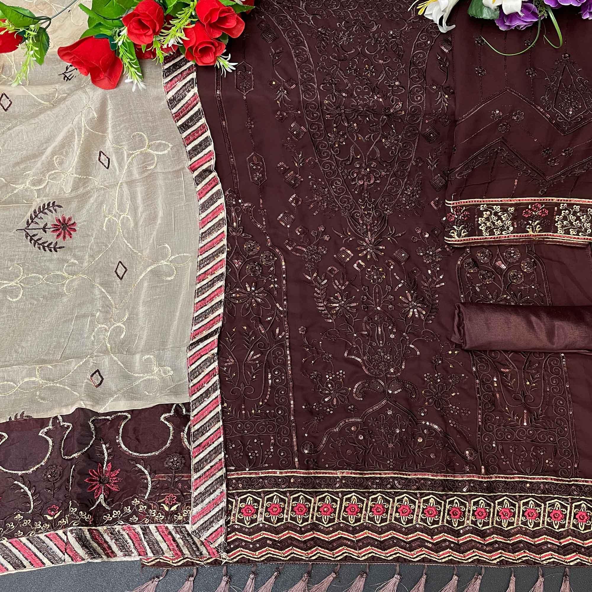 Dark Brown Embroidered Georgette Suit - Peachmode