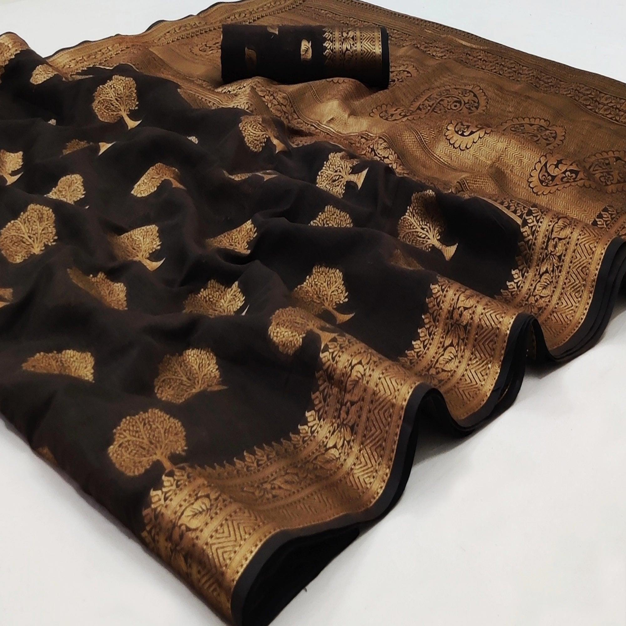 Dark Brown Festive Wear Woven Cotton Silk Saree With Jacquard Border - Peachmode