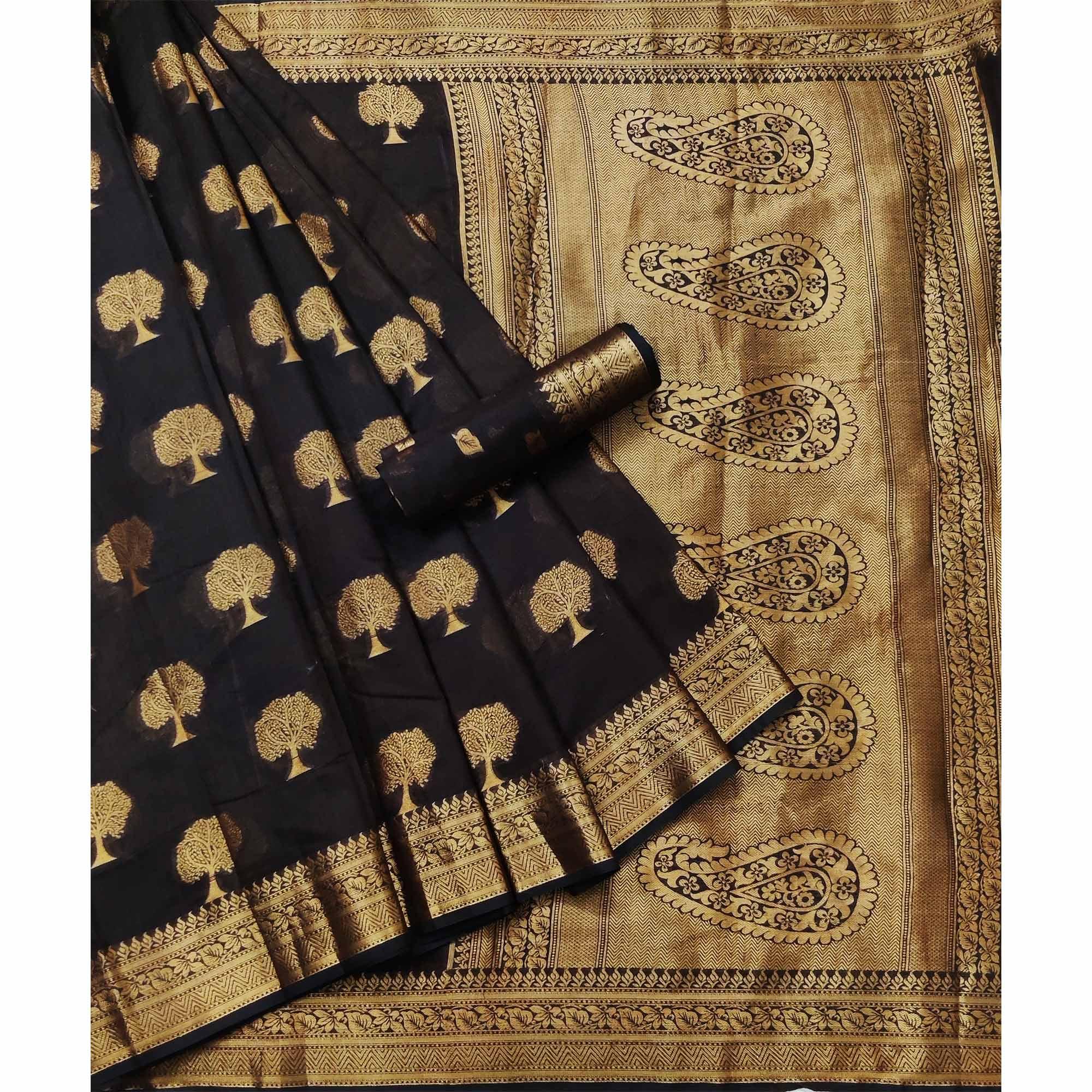Dark Brown Festive Wear Woven Cotton Silk Saree With Jacquard Border - Peachmode