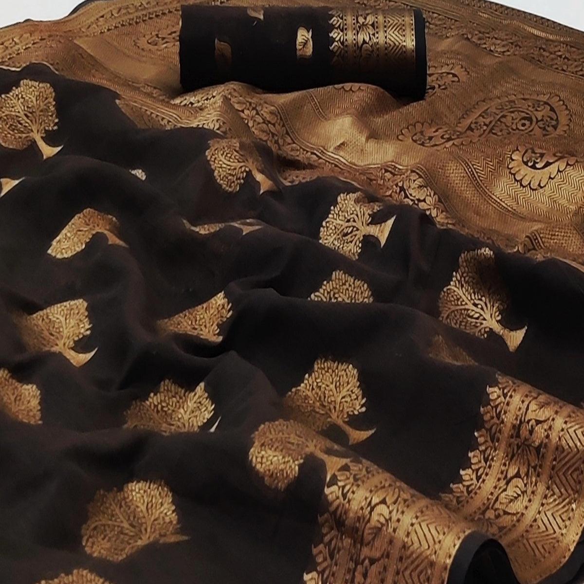 Dark Brown Festive Wear Woven Cotton Silk Saree With Jacquard Border - Peachmode