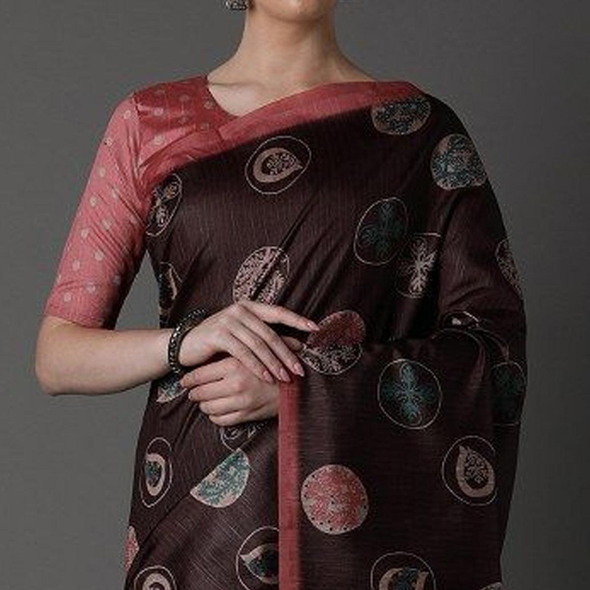 Dark Brown Party Wear Satin Printed Saree With Unstitched Blouse - Peachmode