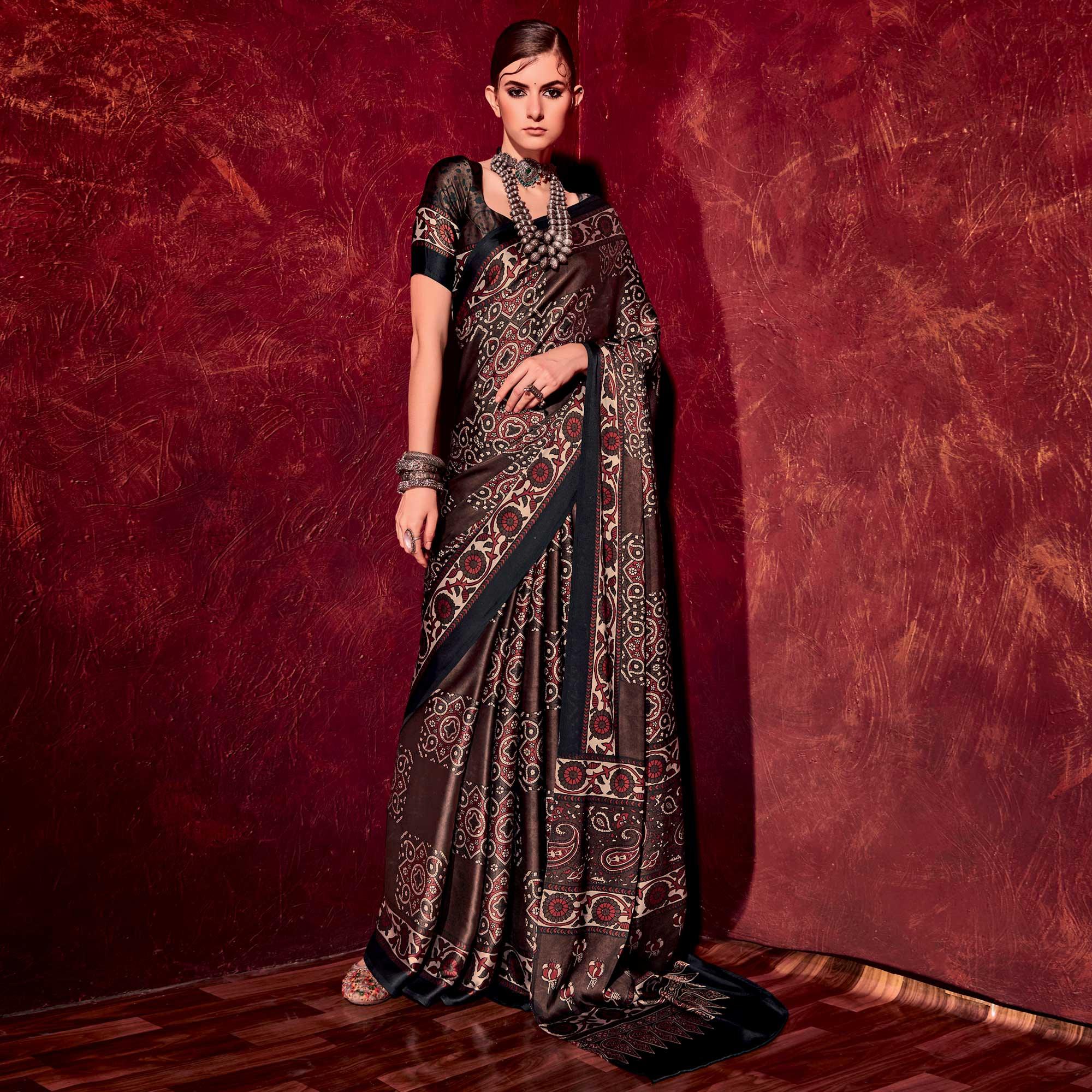 Dark Brown Printed Satin Saree - Peachmode