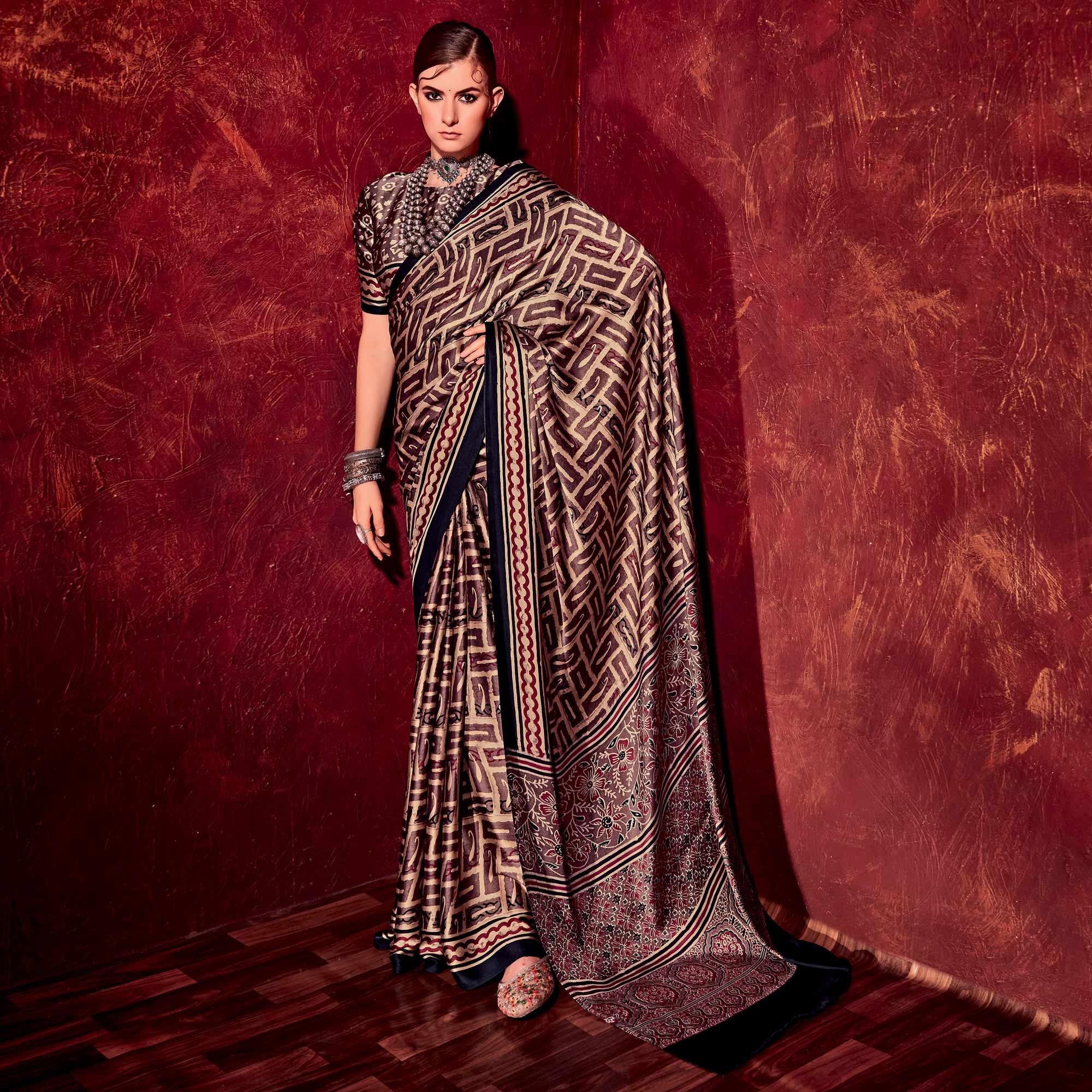 Dark Brown Printed Satin Saree - Peachmode