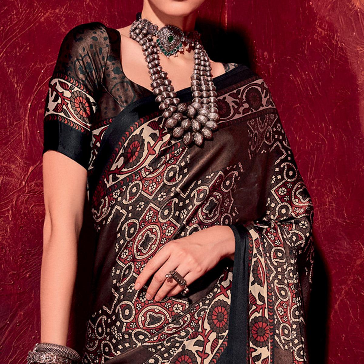 Dark Brown Printed Satin Saree - Peachmode