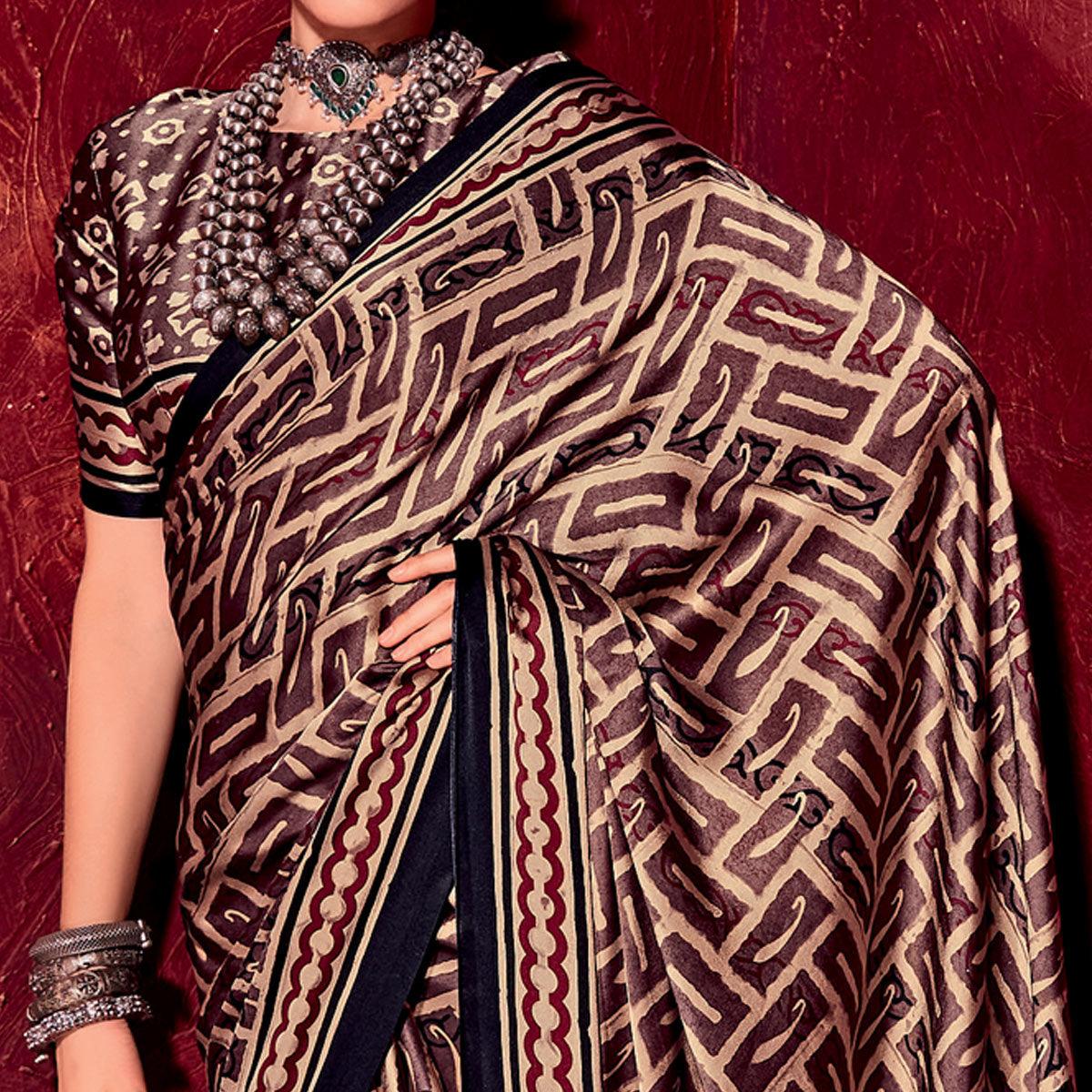 Dark Brown Printed Satin Saree - Peachmode