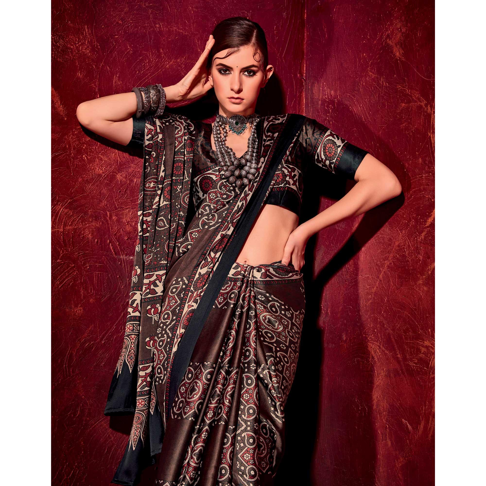 Dark Brown Printed Satin Saree - Peachmode