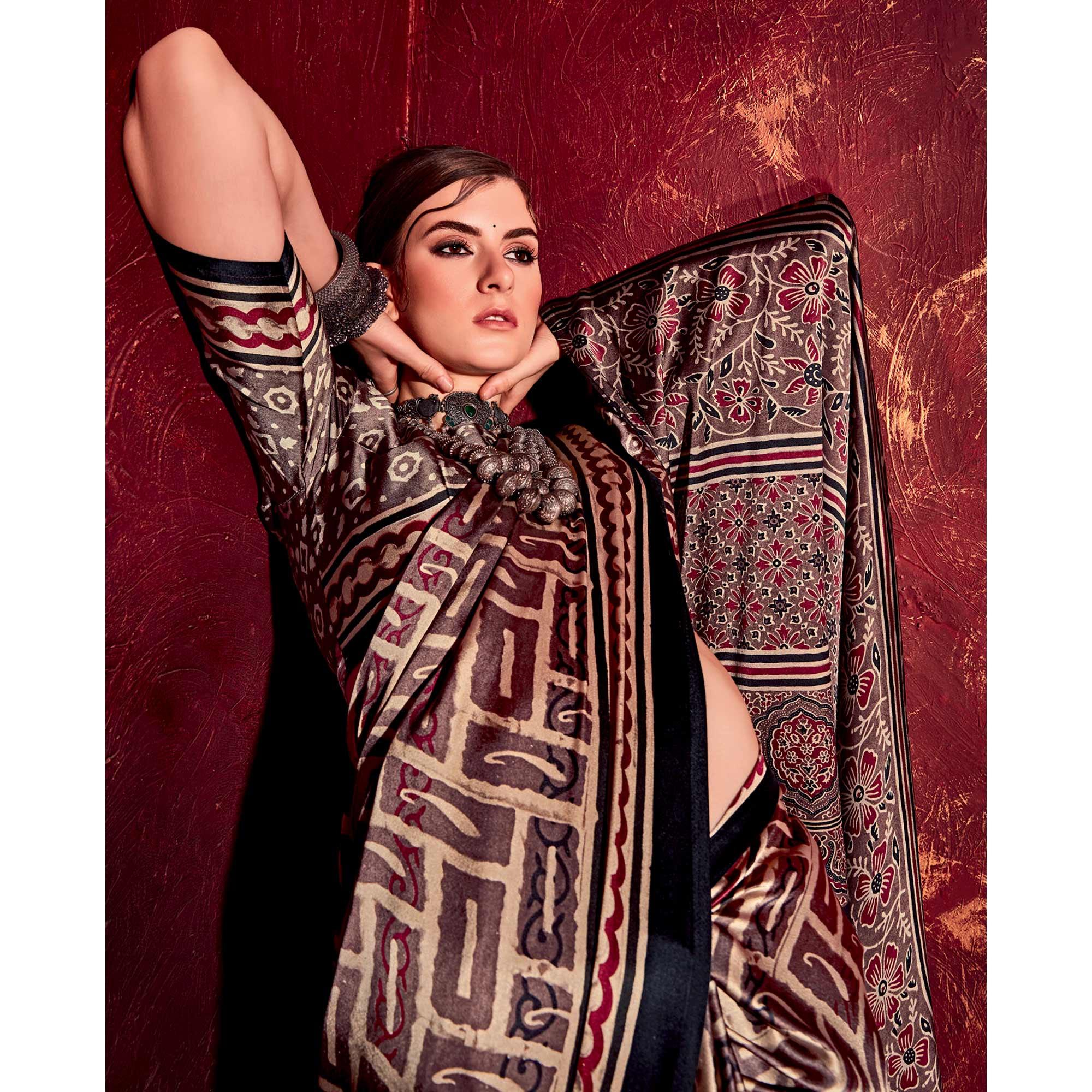 Dark Brown Printed Satin Saree - Peachmode