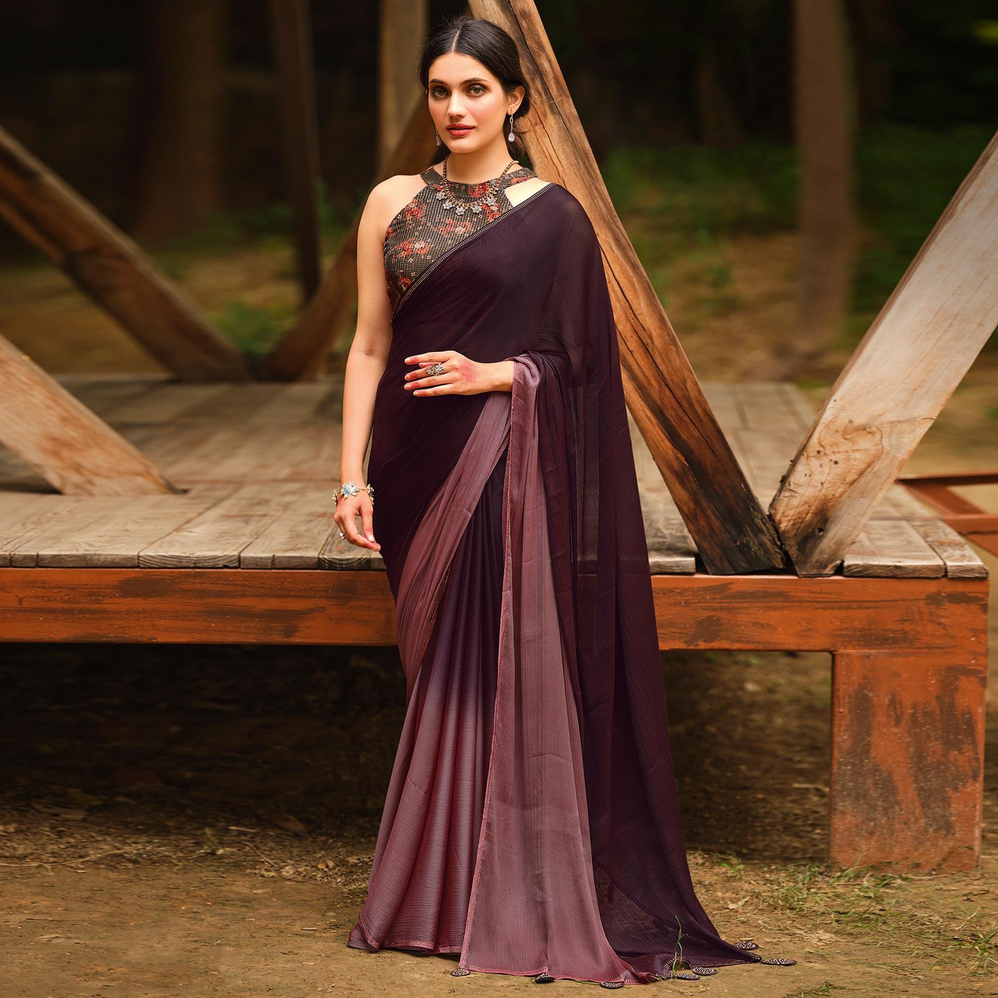 Dark Brown Solid Chiffon Saree - Peachmode
