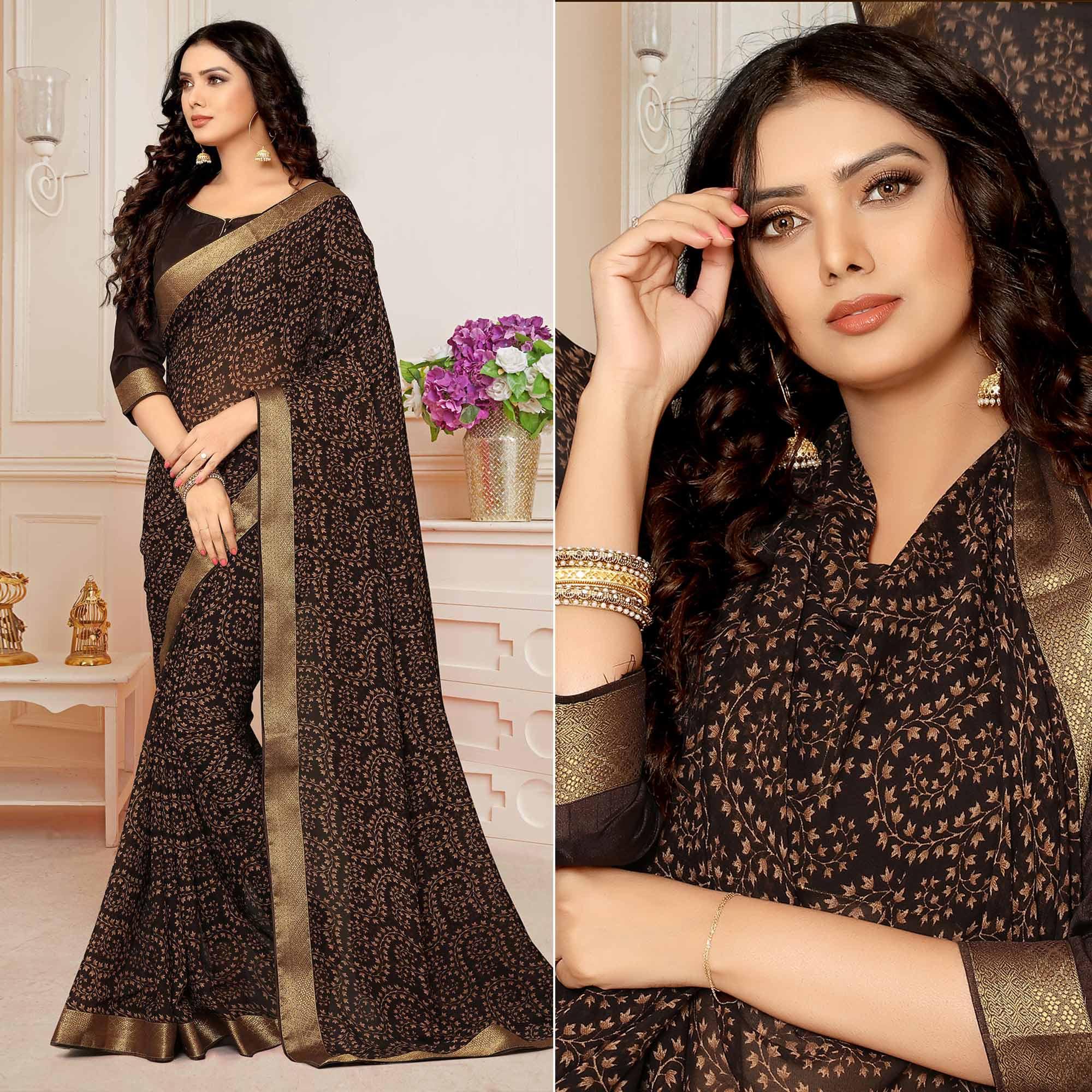 Dark Coffee Printed With Woven Border Georgette Saree - Peachmode