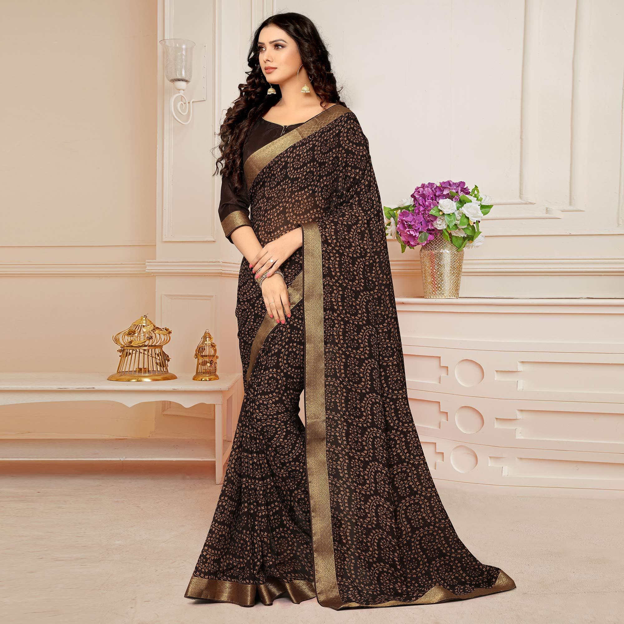 Dark Coffee Printed With Woven Border Georgette Saree - Peachmode