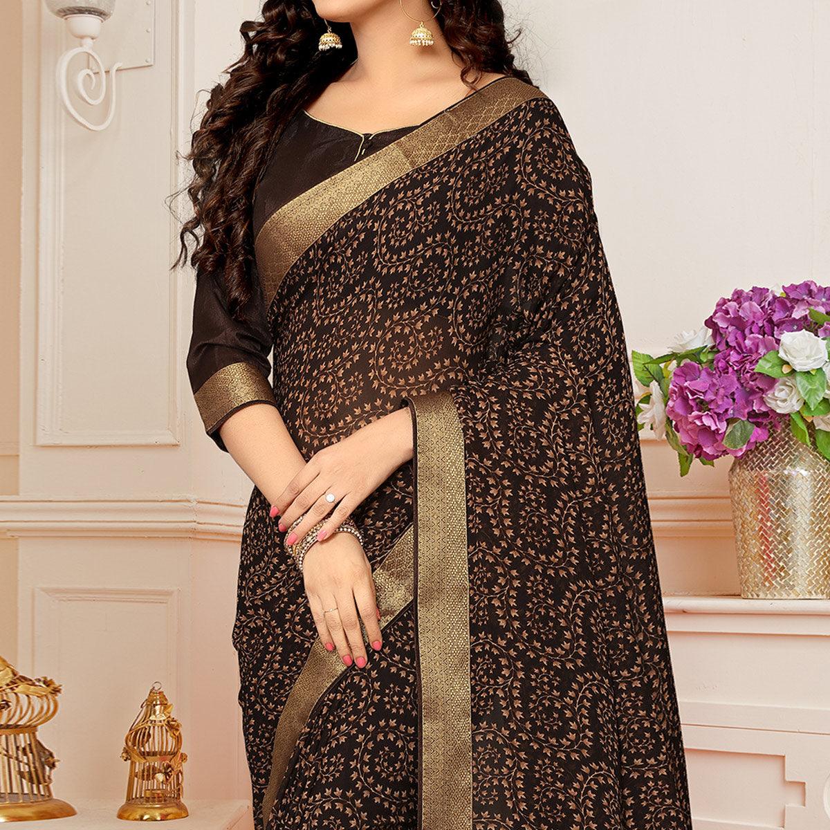 Dark Coffee Printed With Woven Border Georgette Saree - Peachmode