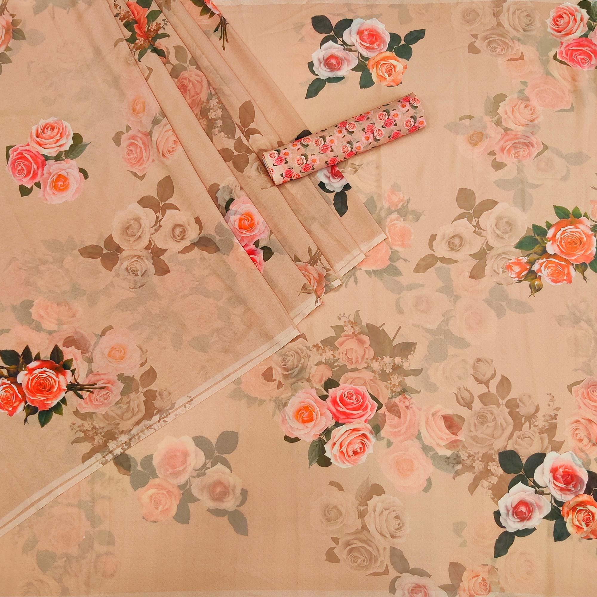 Dark Cream Digital Printed Georgette Saree - Peachmode