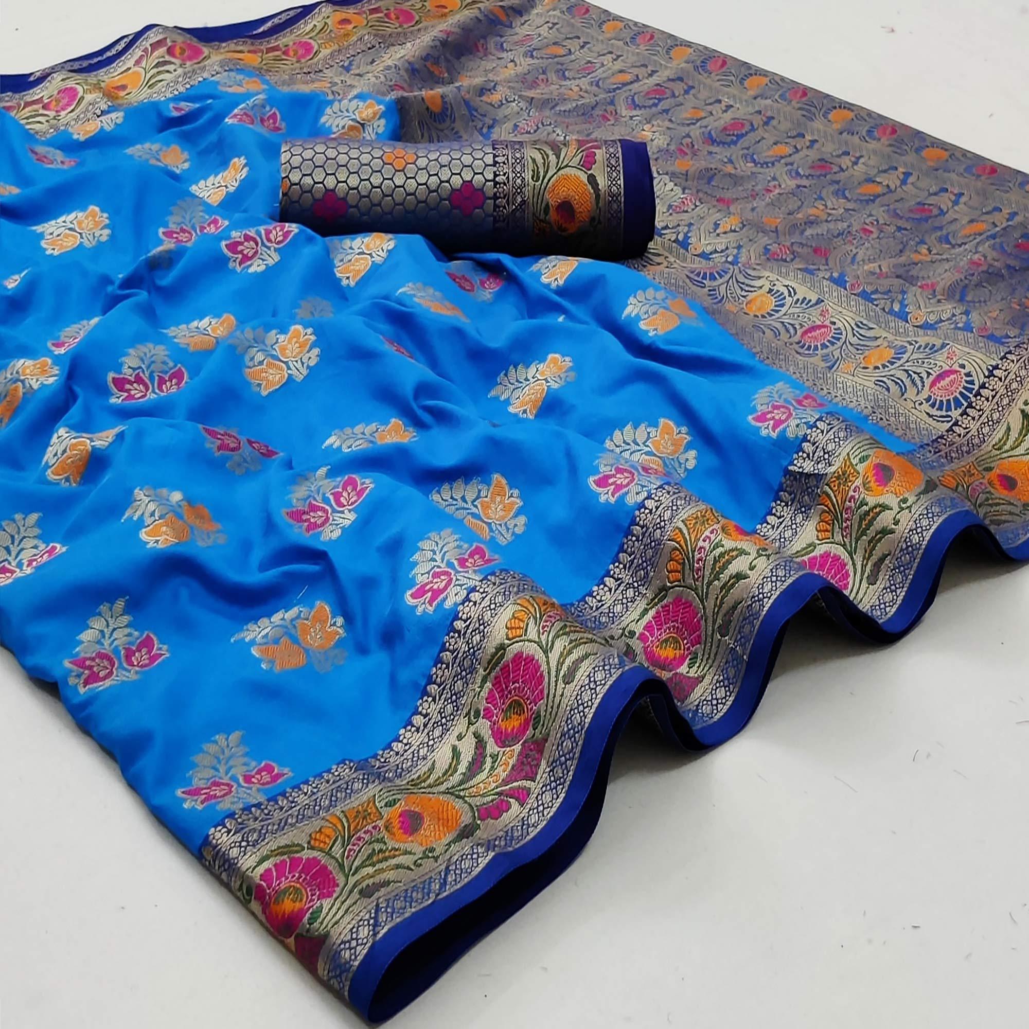 Dark Firoji Festive Wear Floral Woven Soft Silk Saree - Peachmode