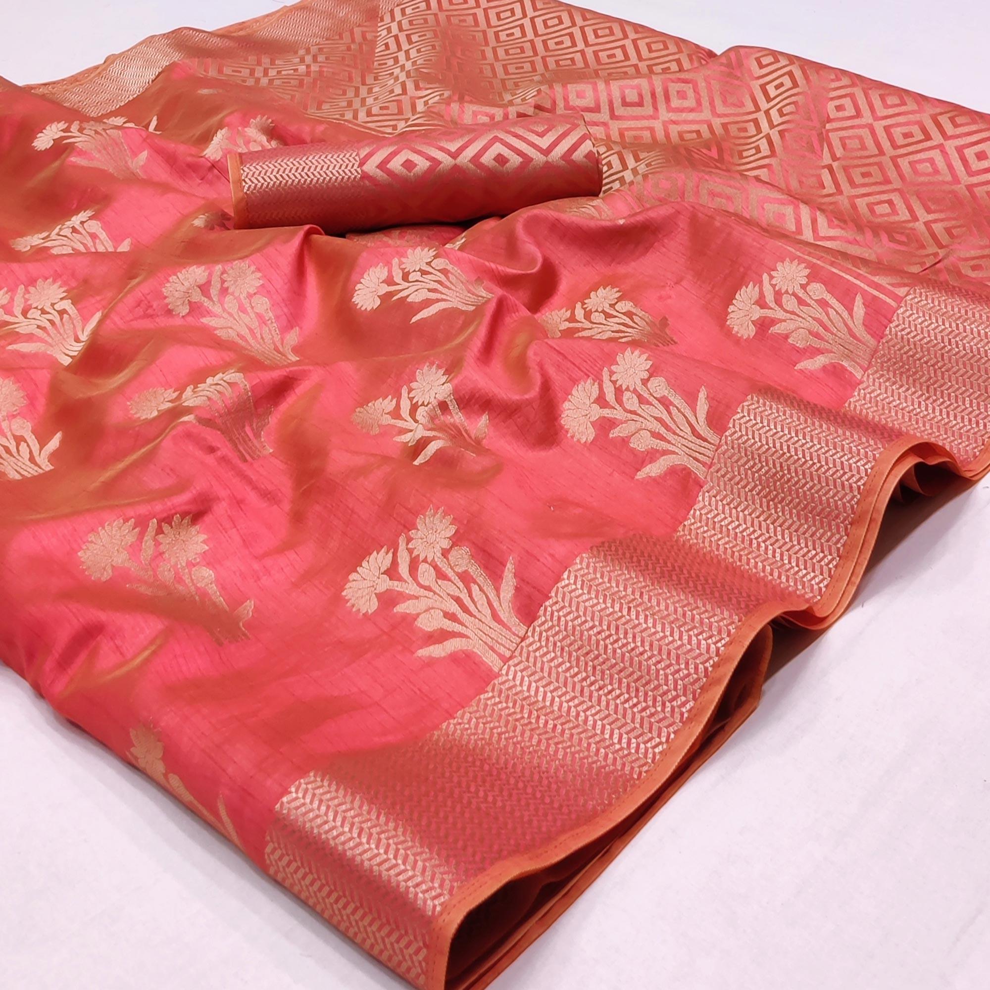 Dark Gajari Woven Raw Silk Saree - Peachmode