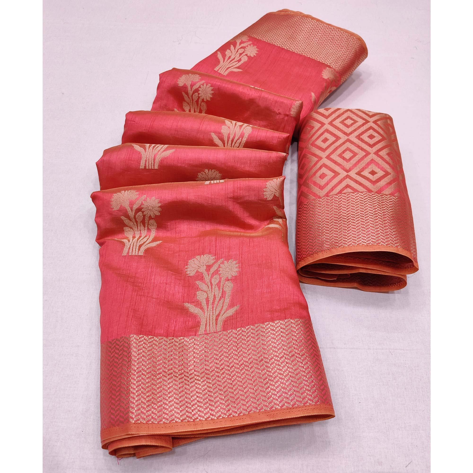 Dark Gajari Woven Raw Silk Saree - Peachmode