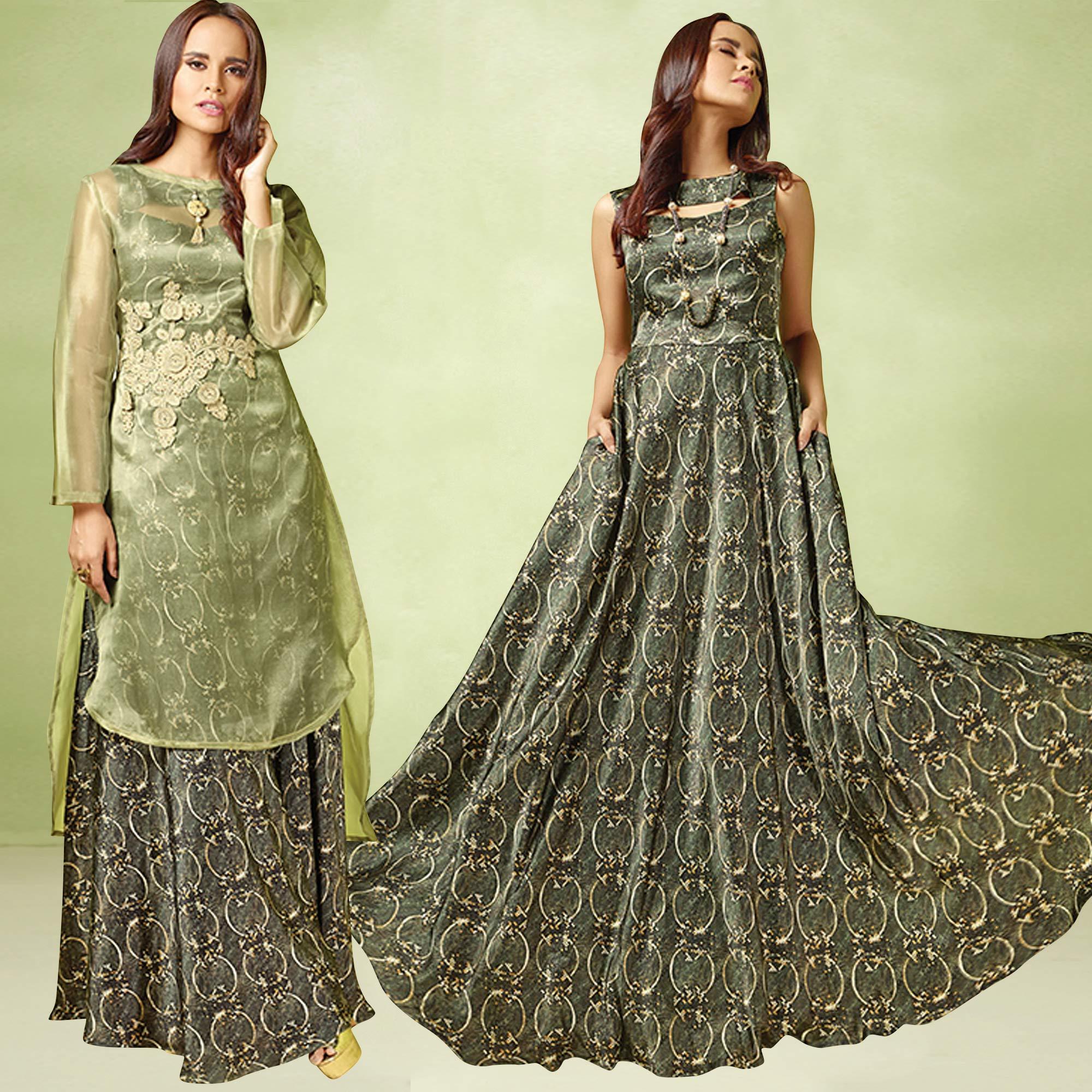 Dark Gray-Green Printed Satin Gown - Peachmode