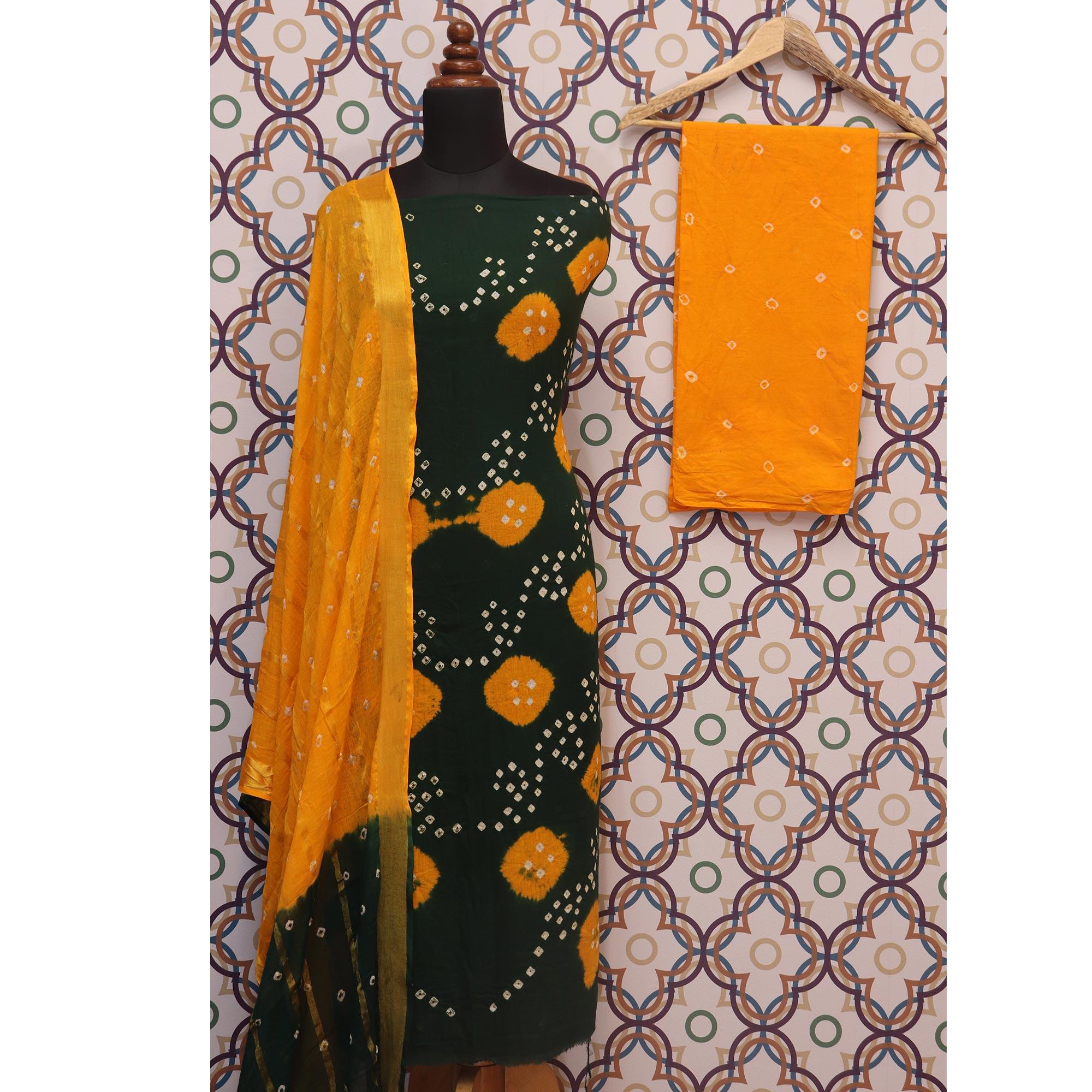 Dark Green Casual Wear Bandhej And Woven Pure Cotton Dress Material - Peachmode