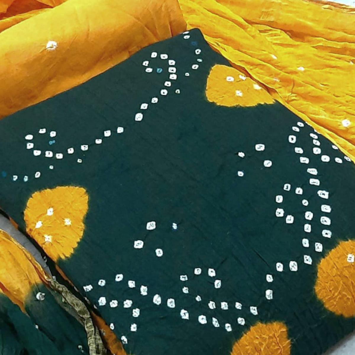 Dark Green Casual Wear Bandhej And Woven Pure Cotton Dress Material - Peachmode