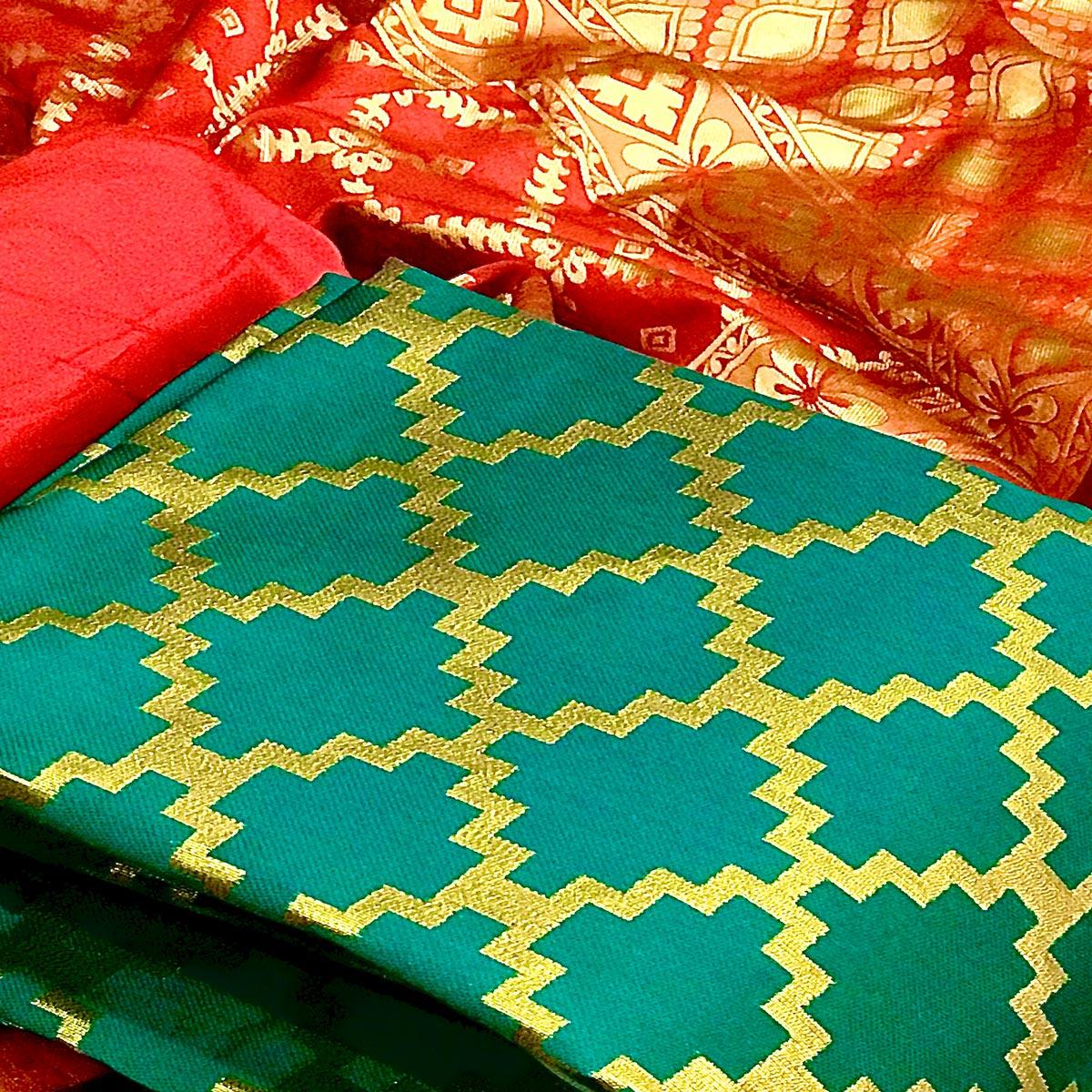 Dark Green Casual Wear Embroidered Banarasi Silk Dress Material - Peachmode