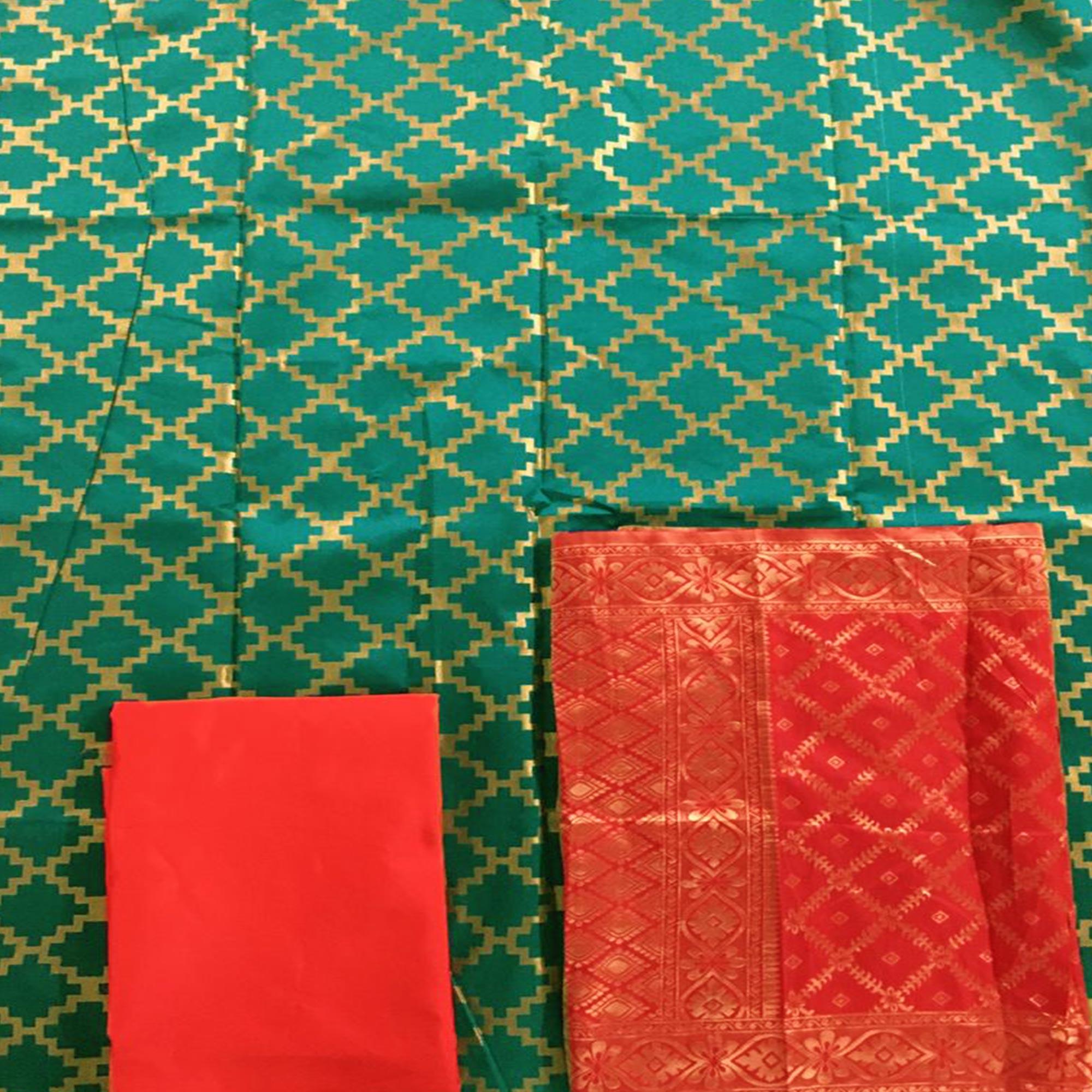 Dark Green Casual Wear Embroidered Banarasi Silk Dress Material - Peachmode