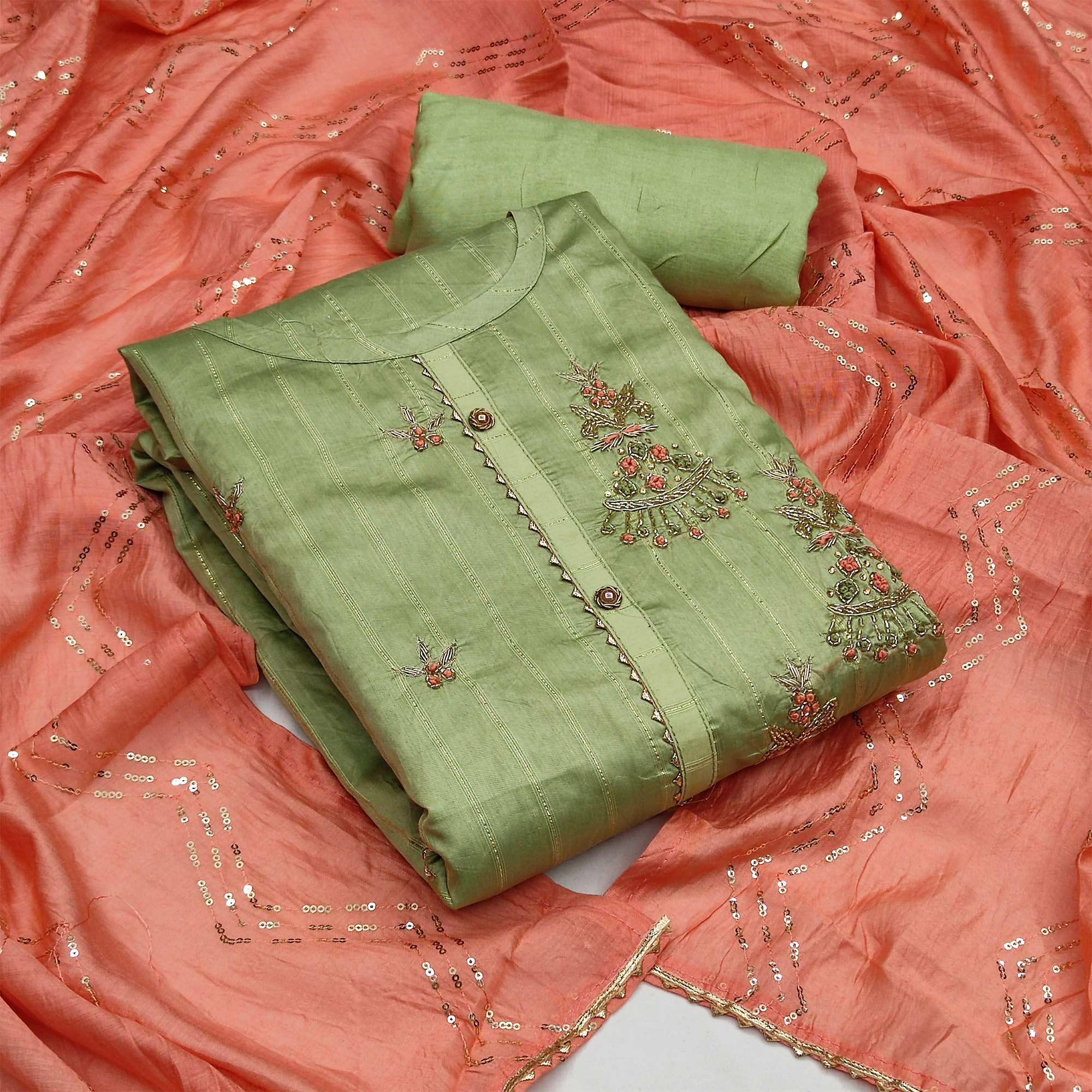 Dark Green Casual Wear Embroidered Cotton Dress Material - Peachmode