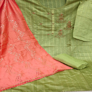Dark Green Casual Wear Embroidered Cotton Dress Material - Peachmode