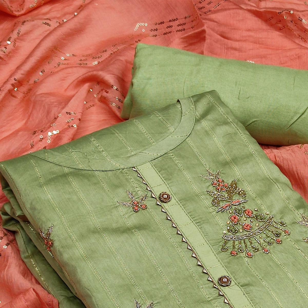Dark Green Casual Wear Embroidered Cotton Dress Material - Peachmode