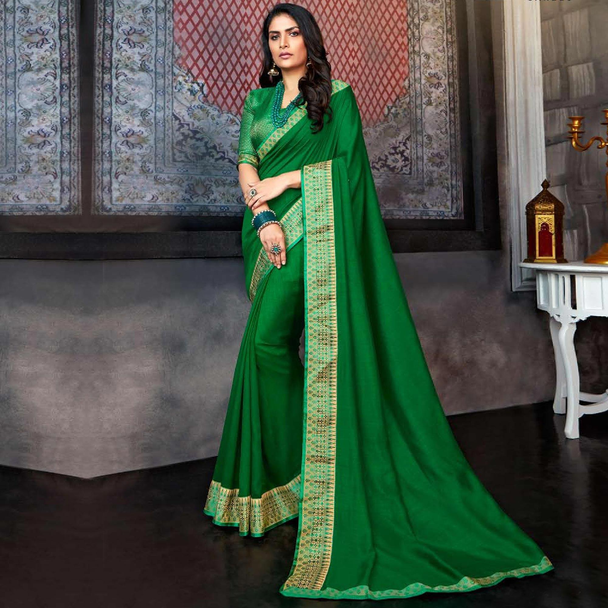 Dark Green Casual Wear Solid Silk Saree With Border - Peachmode