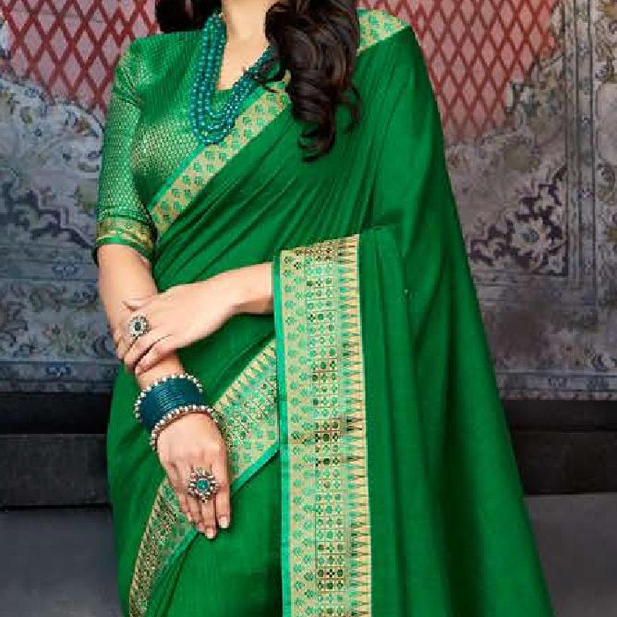 Dark Green Casual Wear Solid Silk Saree With Border - Peachmode