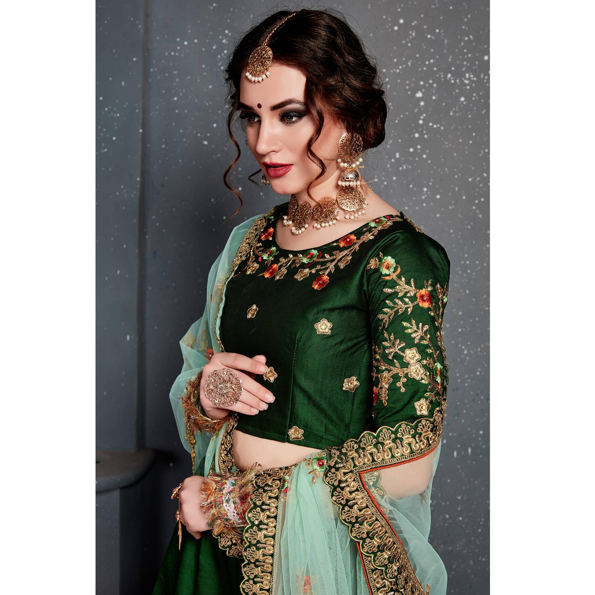 Dark Green Colored Party Wear Embroidered Tapeta Silk Lehenga Choli - Peachmode