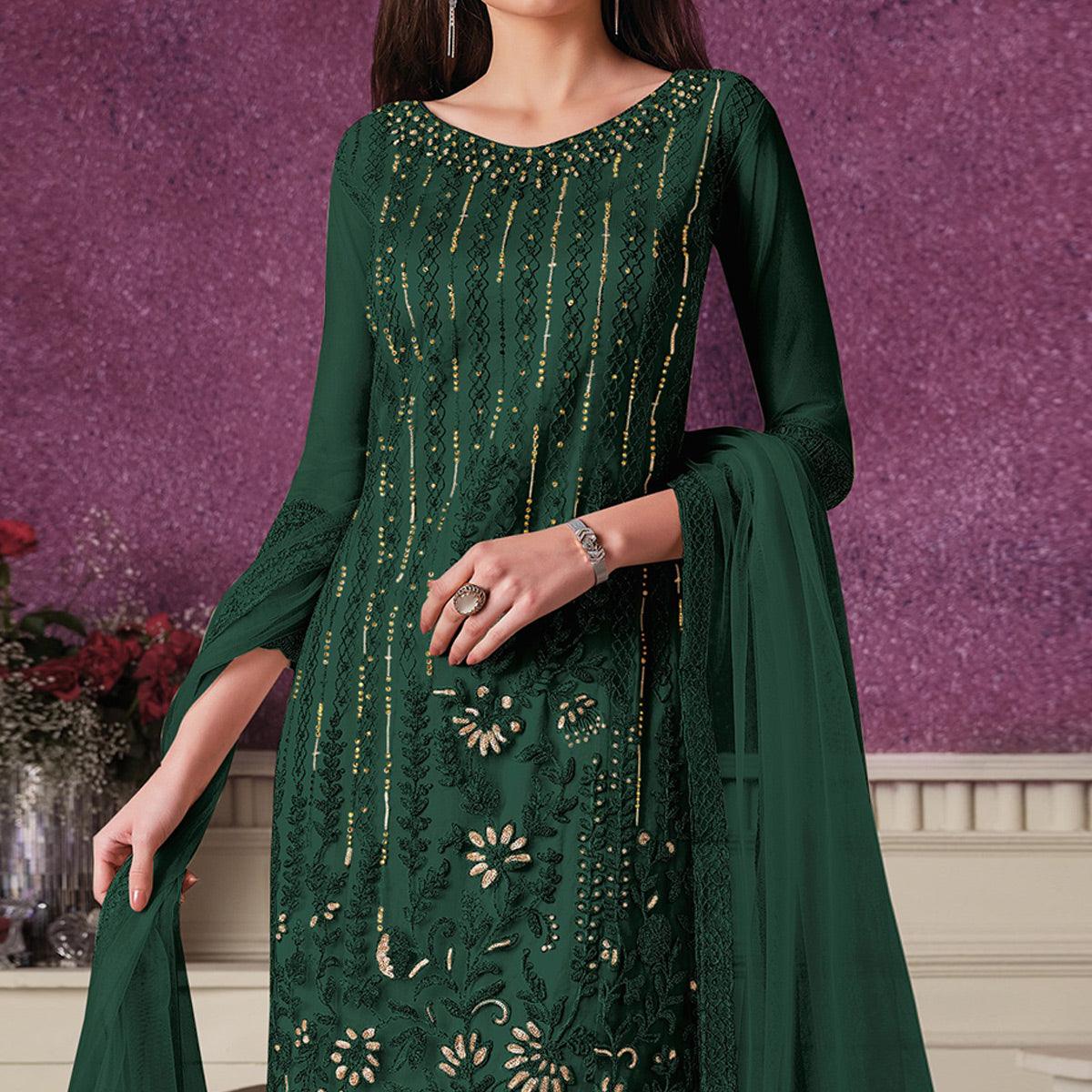 Dark Green Embroidered Butterfly Net Partywear Suit - Peachmode