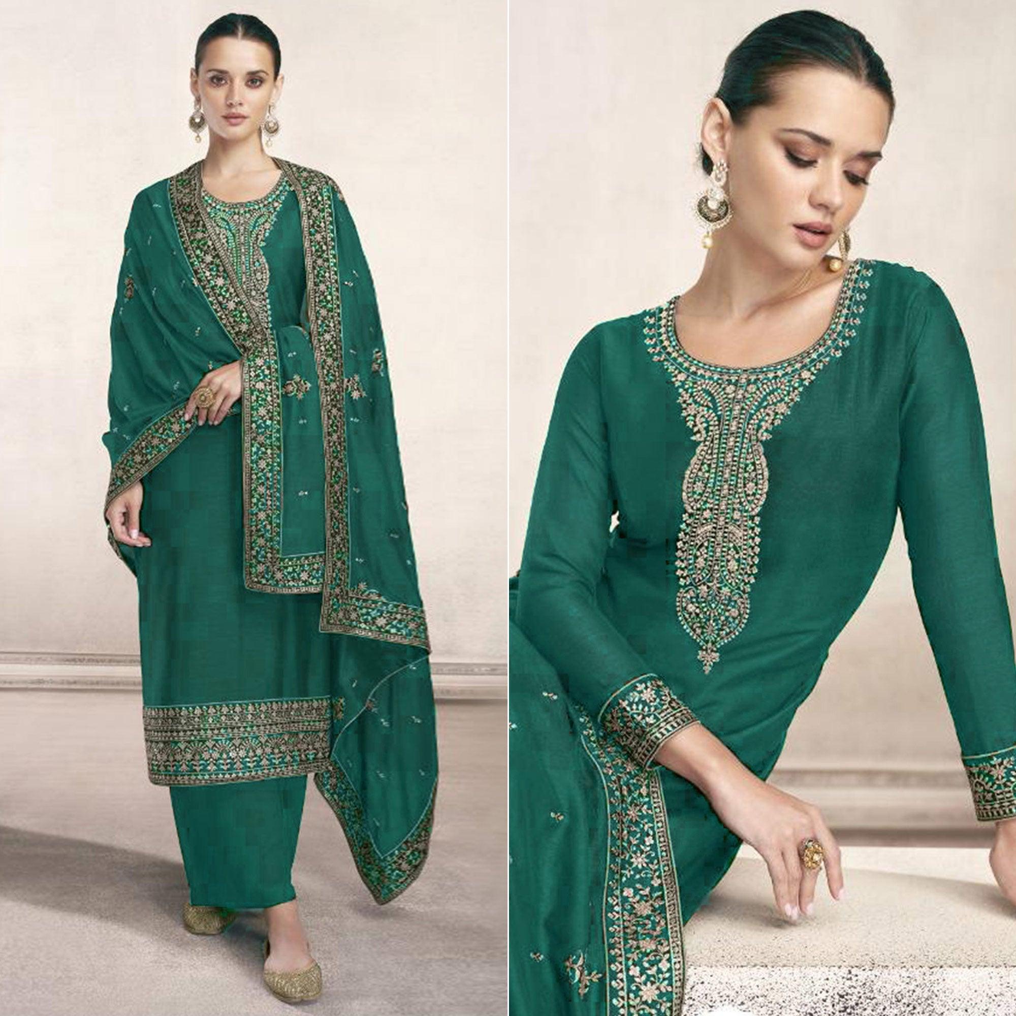 Dark Green Embroidered Dola Silk Salwar Suit - Peachmode