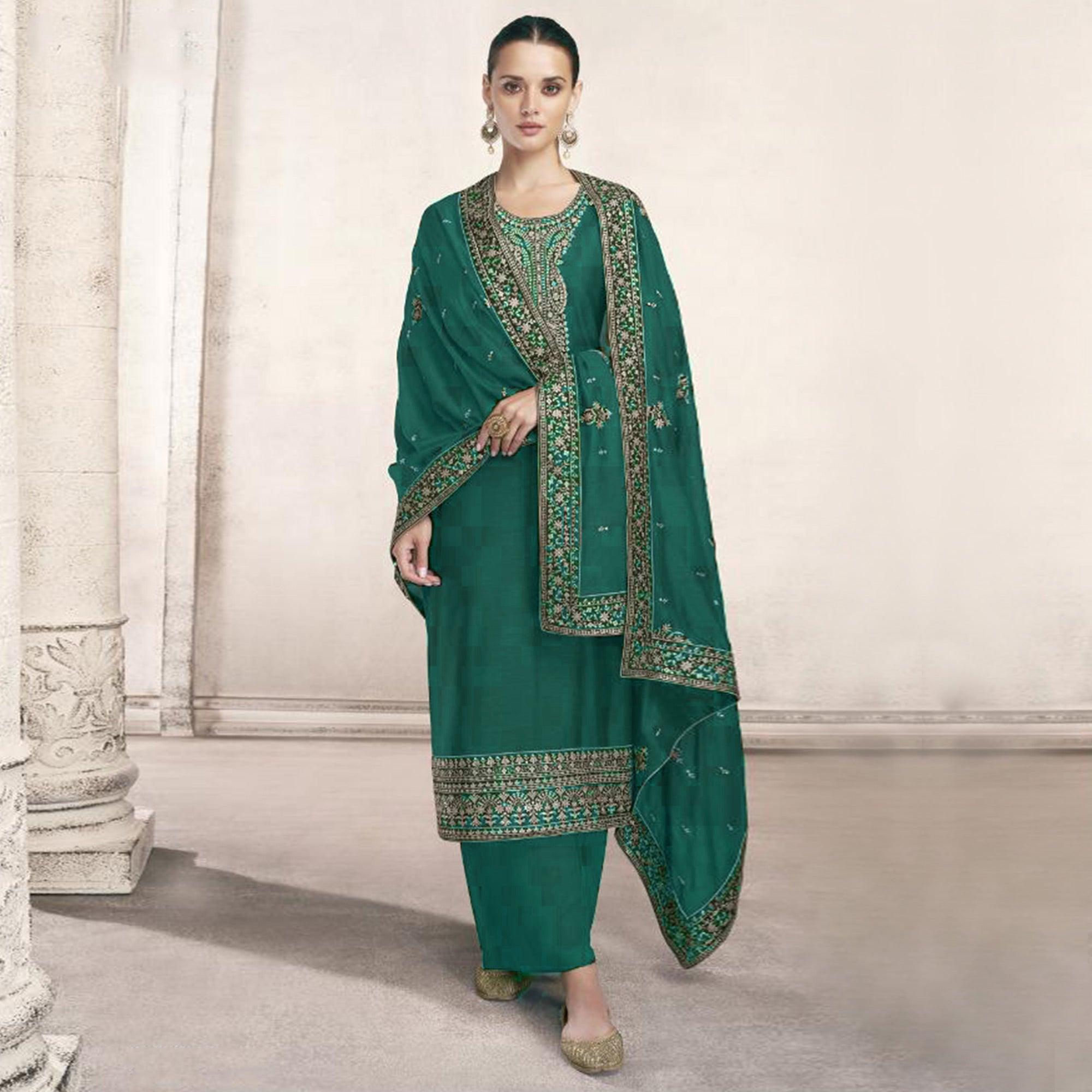 Dark Green Embroidered Dola Silk Salwar Suit - Peachmode