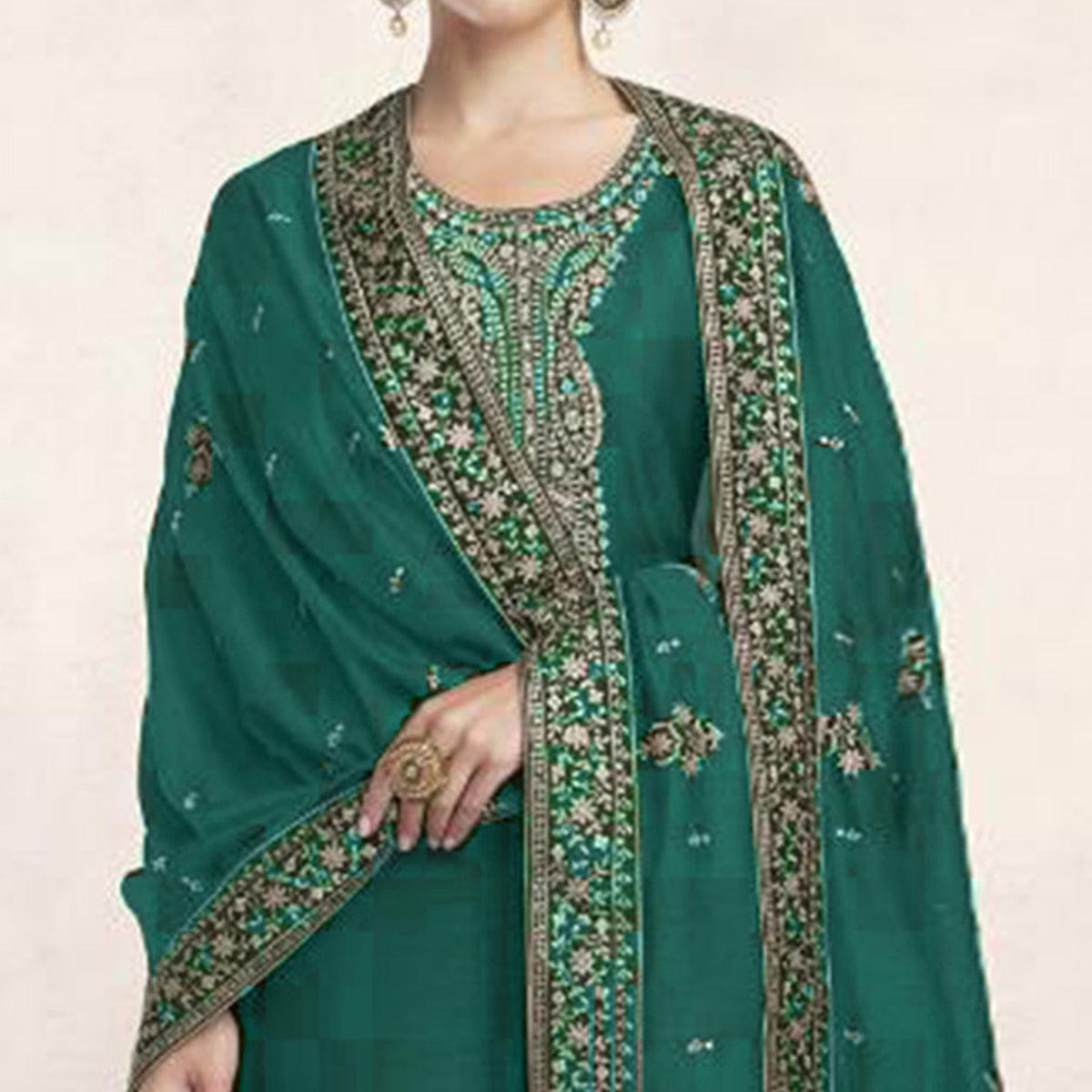 Dark Green Embroidered Dola Silk Salwar Suit - Peachmode