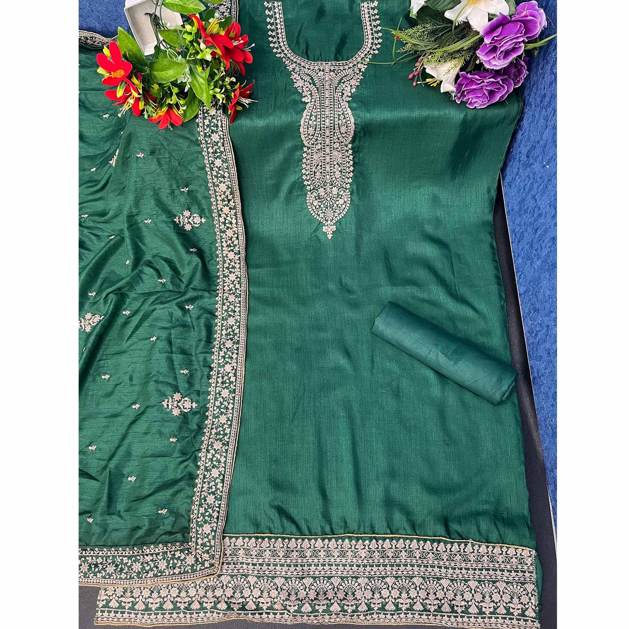 Dark Green Embroidered Dola Silk Salwar Suit - Peachmode