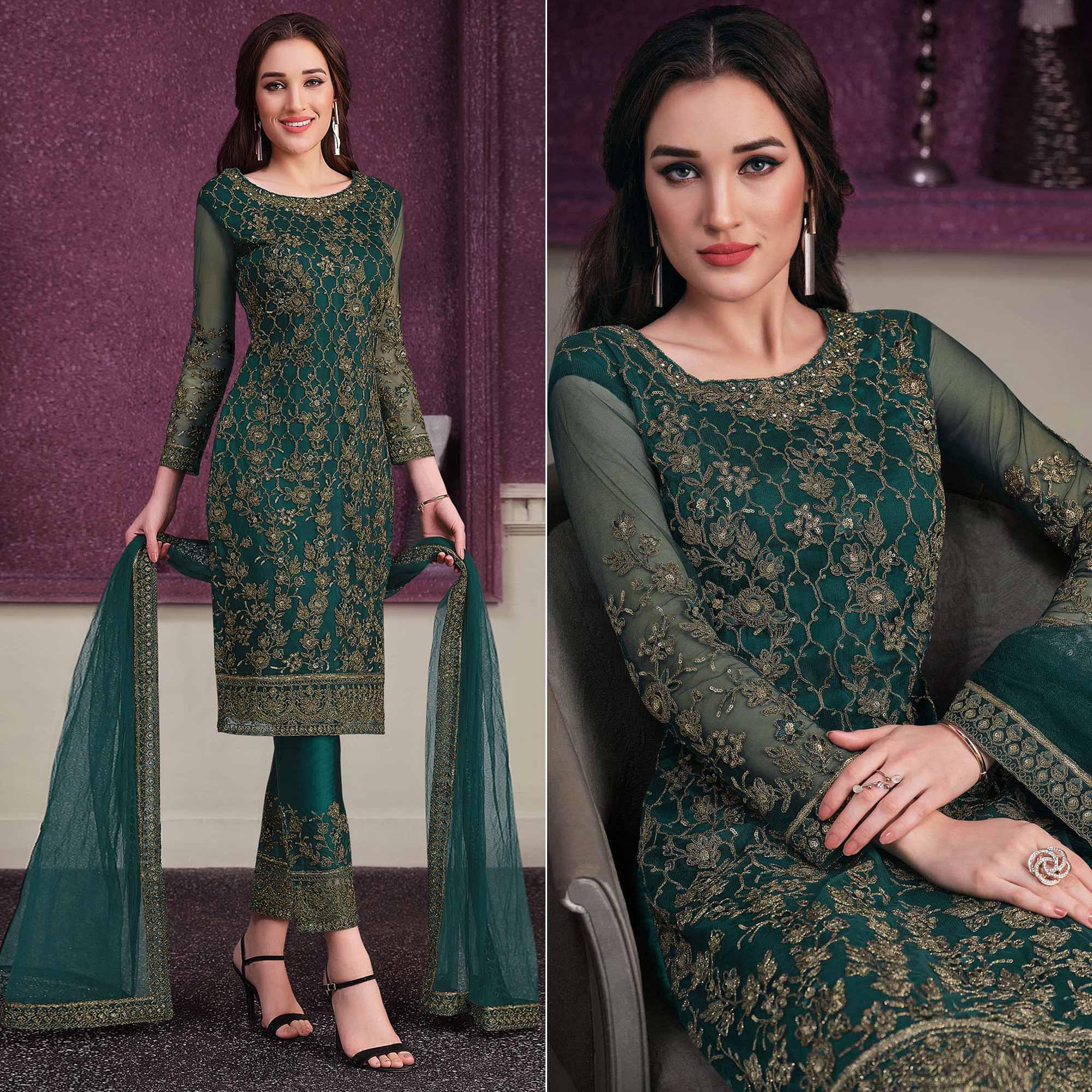 Dark Green Embroidered Netted Suit - Peachmode