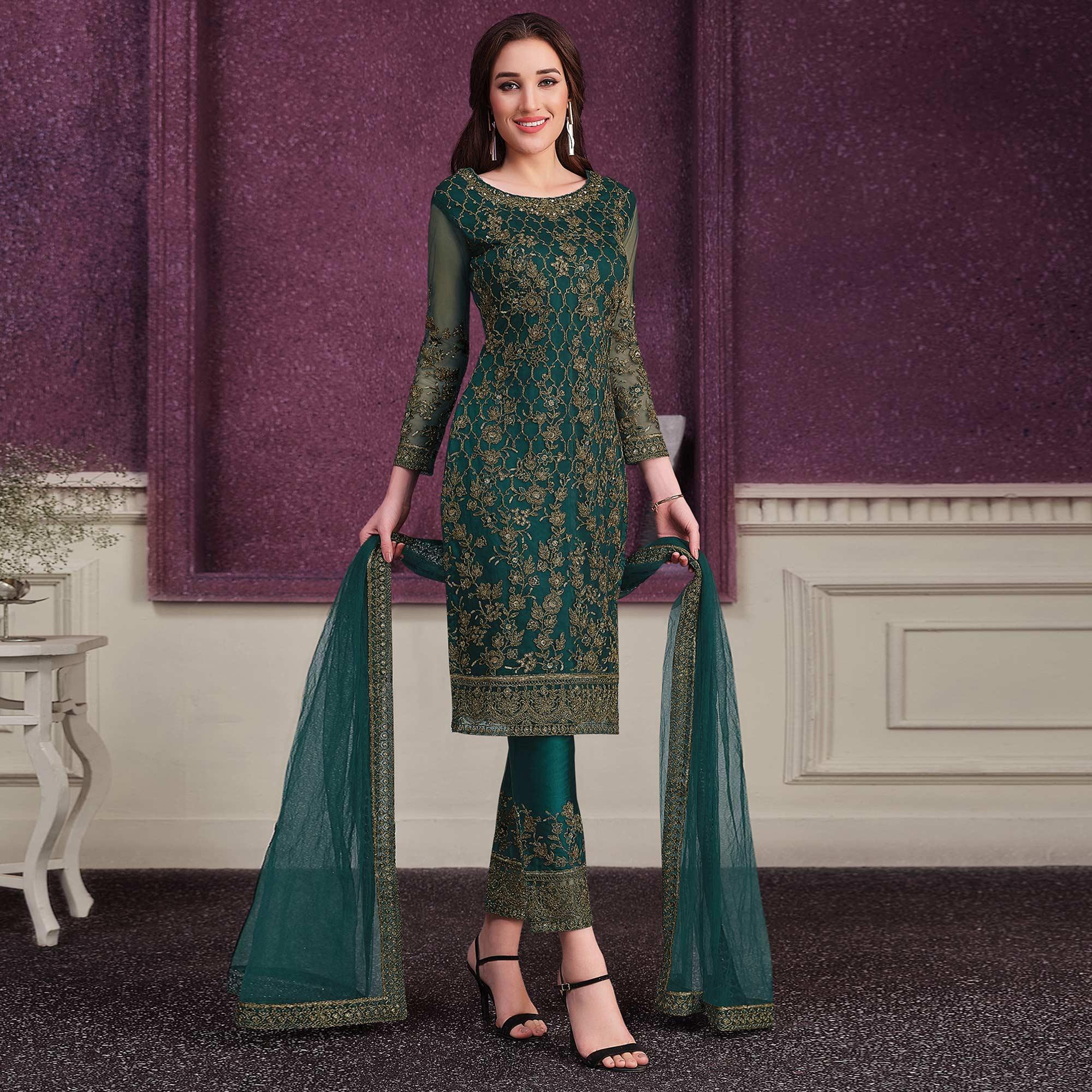 Dark Green Embroidered Netted Suit - Peachmode