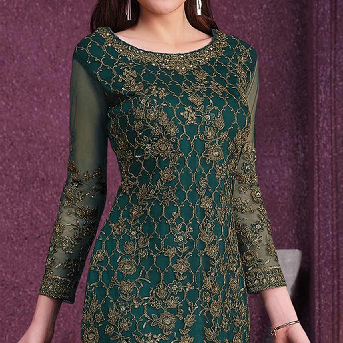 Dark Green Embroidered Netted Suit - Peachmode