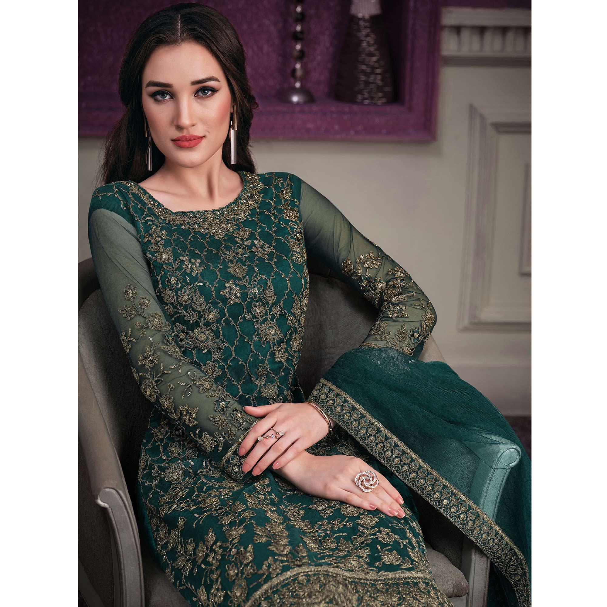 Dark Green Embroidered Netted Suit - Peachmode