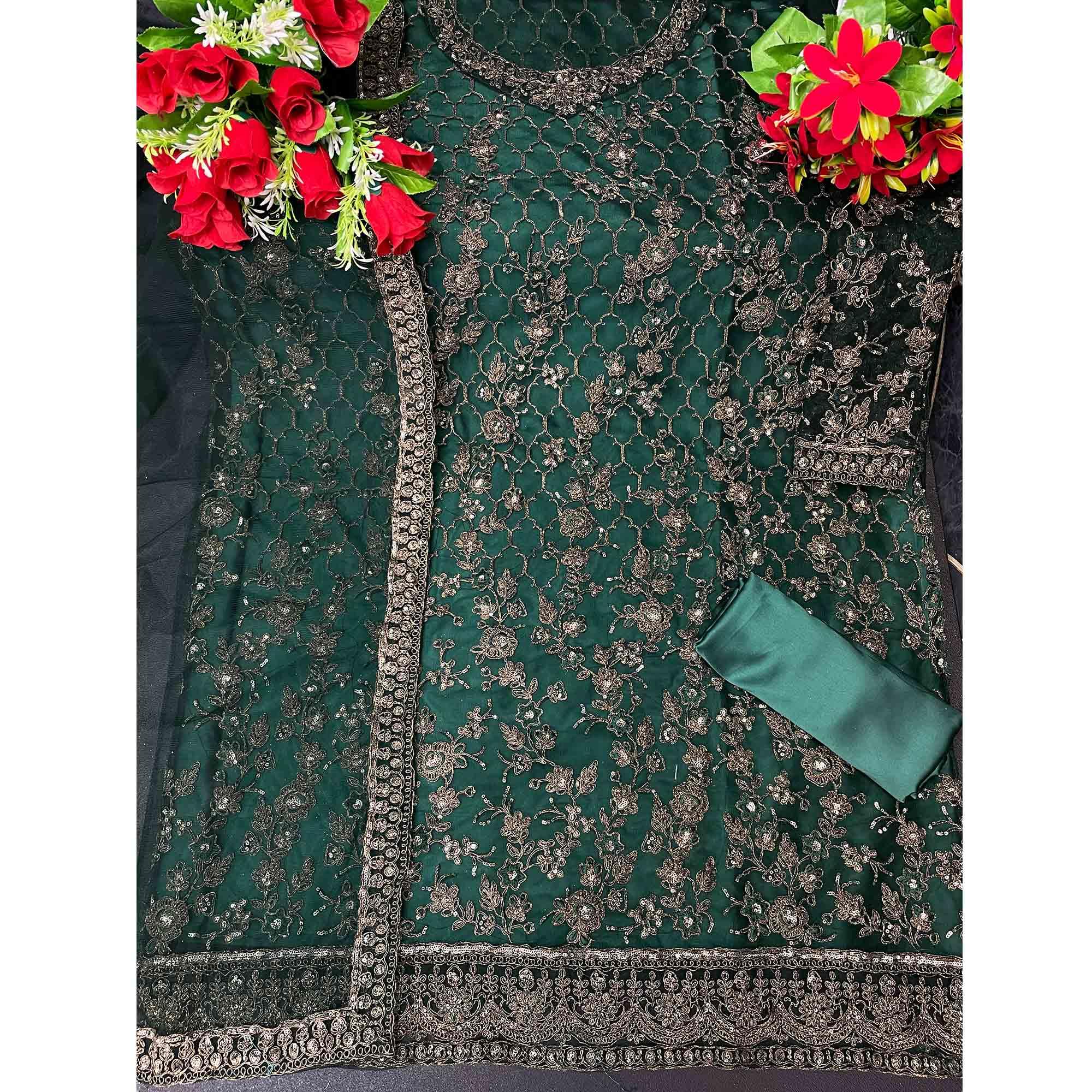 Dark Green Embroidered Netted Suit - Peachmode