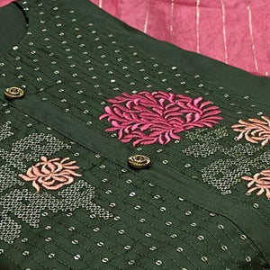 Dark Green Embroidered With Embellished Pure Cotton Dress Material - Peachmode