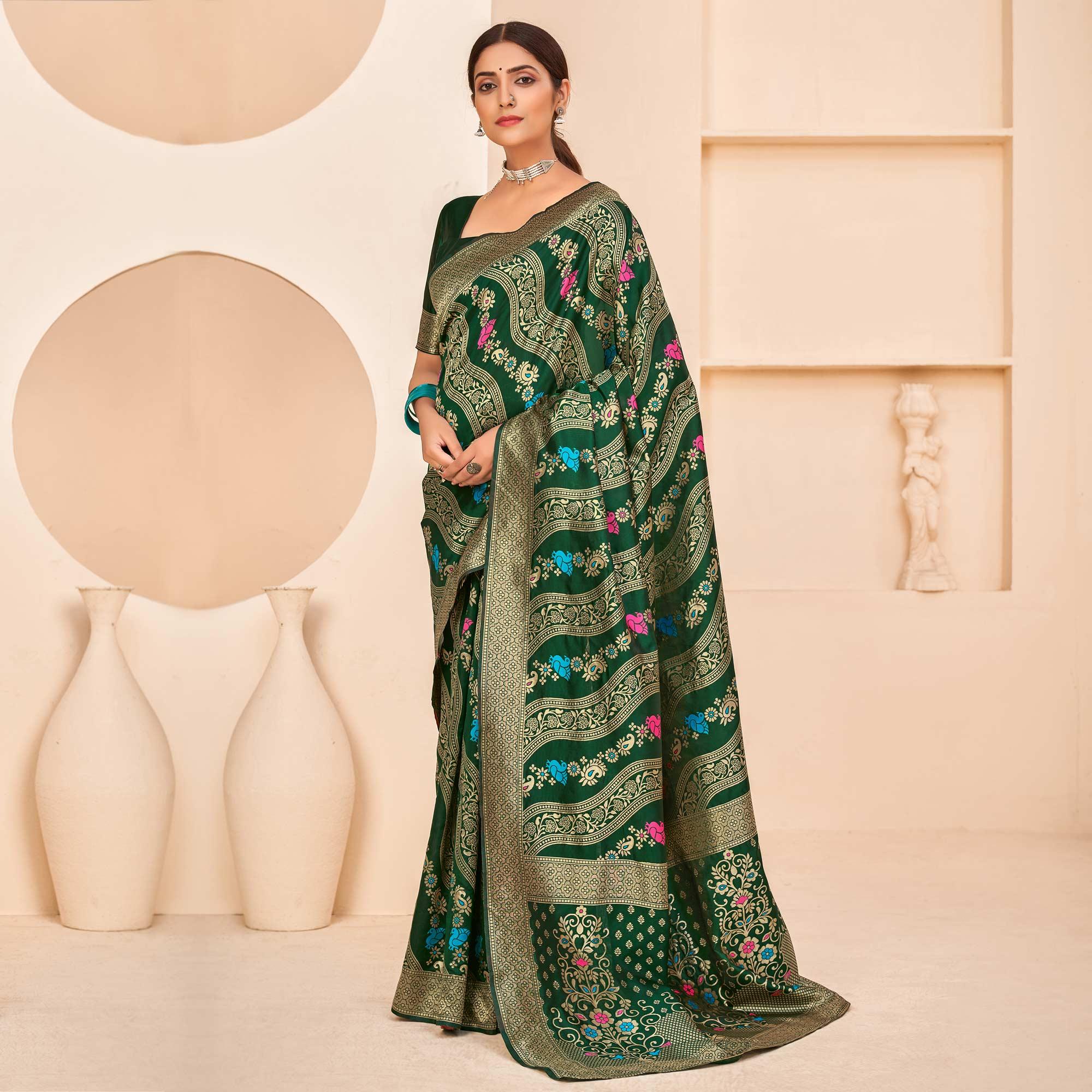 Dark Green Festive Wear Banarasi with Patola Woven Banarasi Silk saree - Peachmode