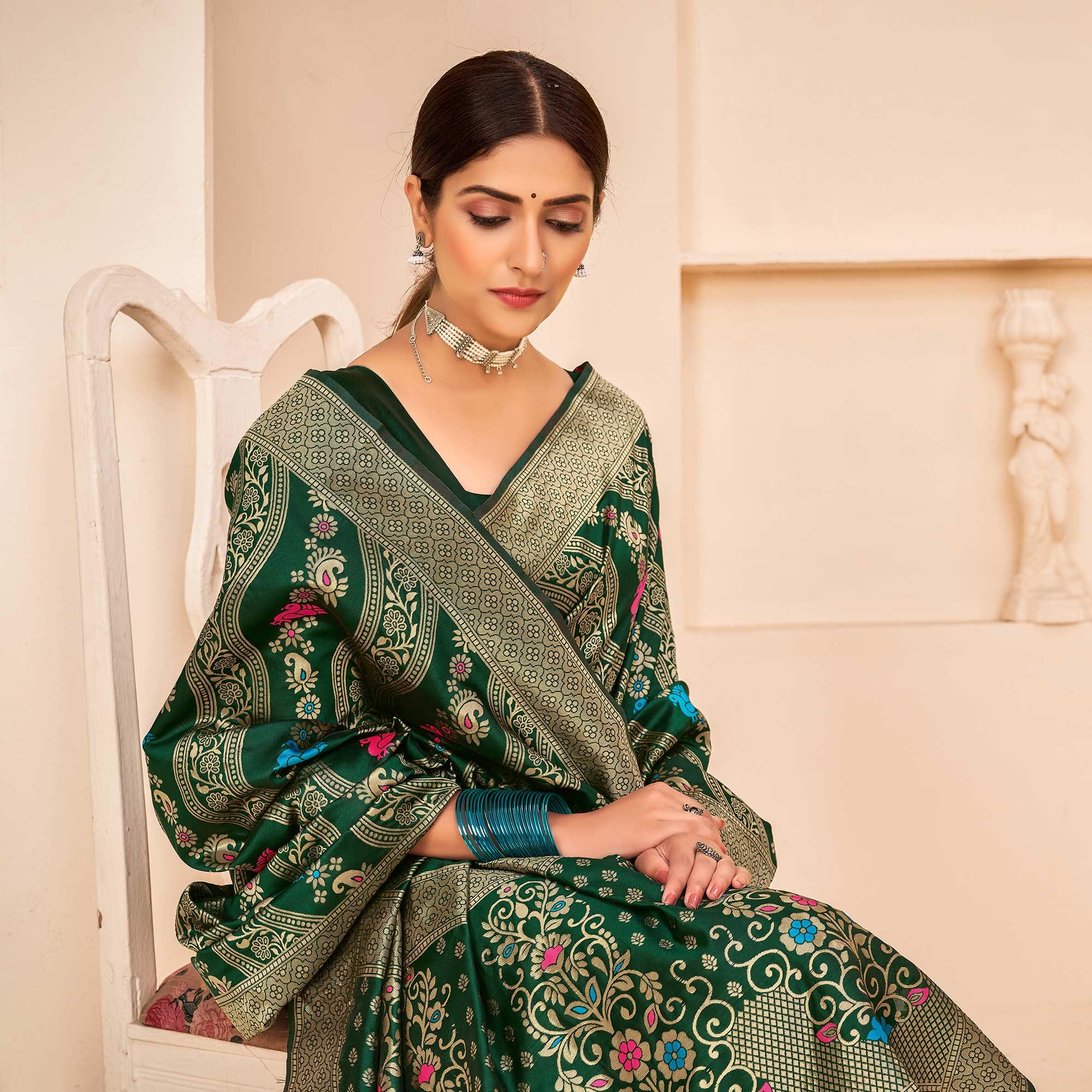 Dark Green Festive Wear Banarasi with Patola Woven Banarasi Silk saree - Peachmode