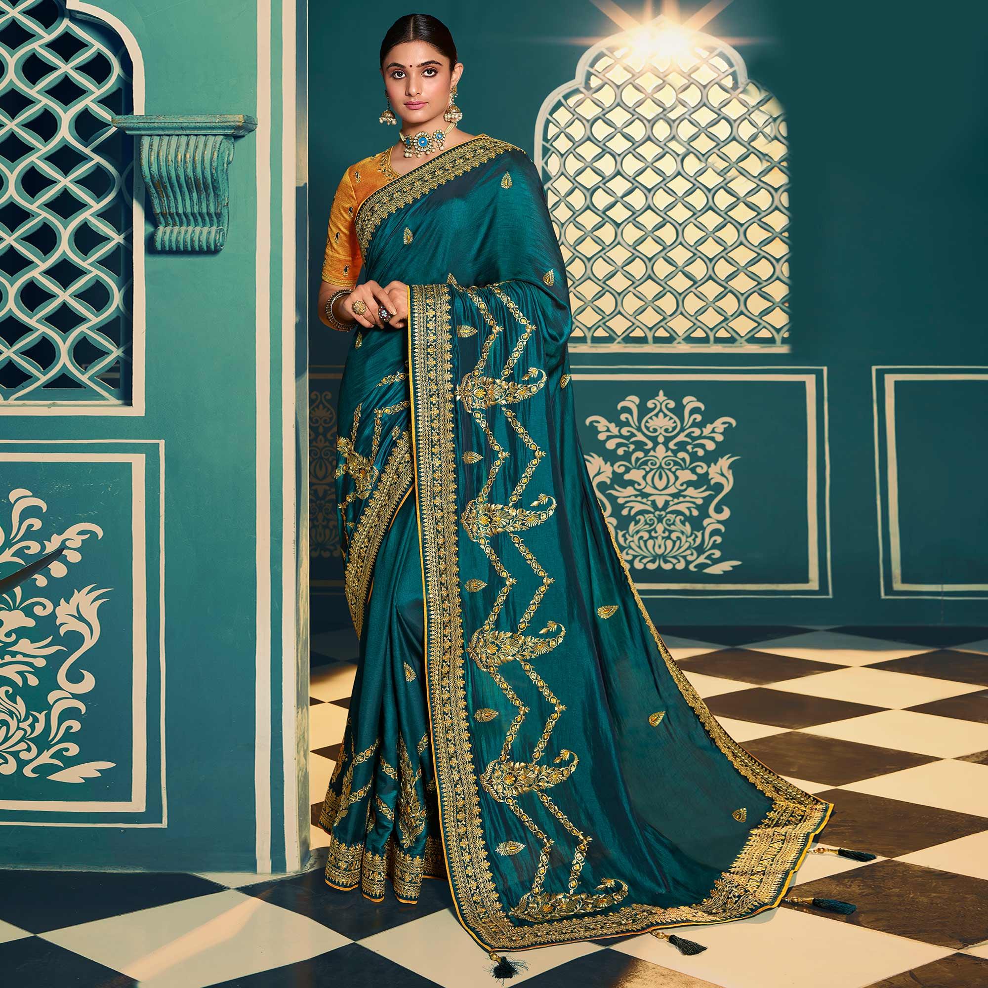 Dark Green Festive Wear Embroidered Silk Saree - Peachmode