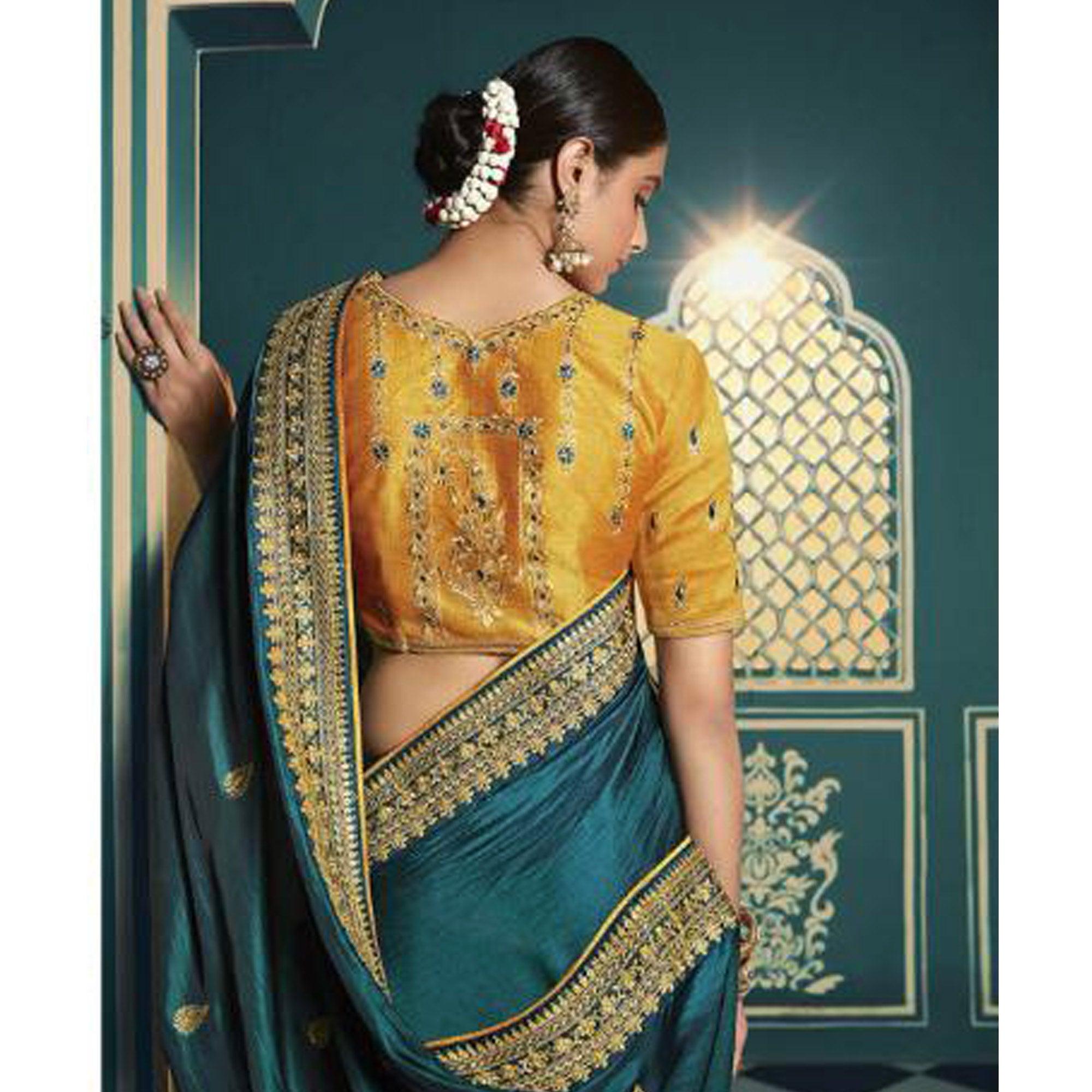 Dark Green Festive Wear Embroidered Silk Saree - Peachmode