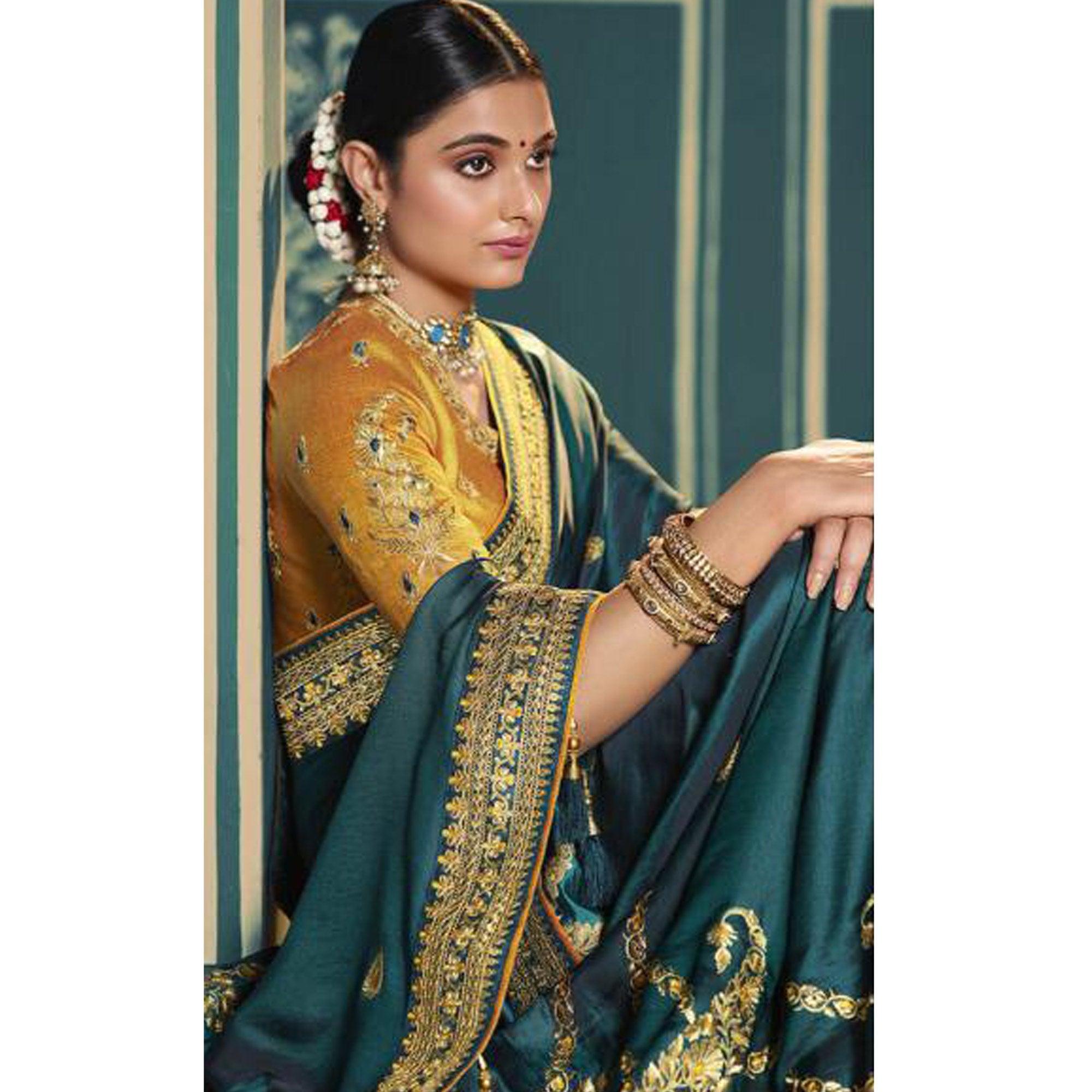 Dark Green Festive Wear Embroidered Silk Saree - Peachmode