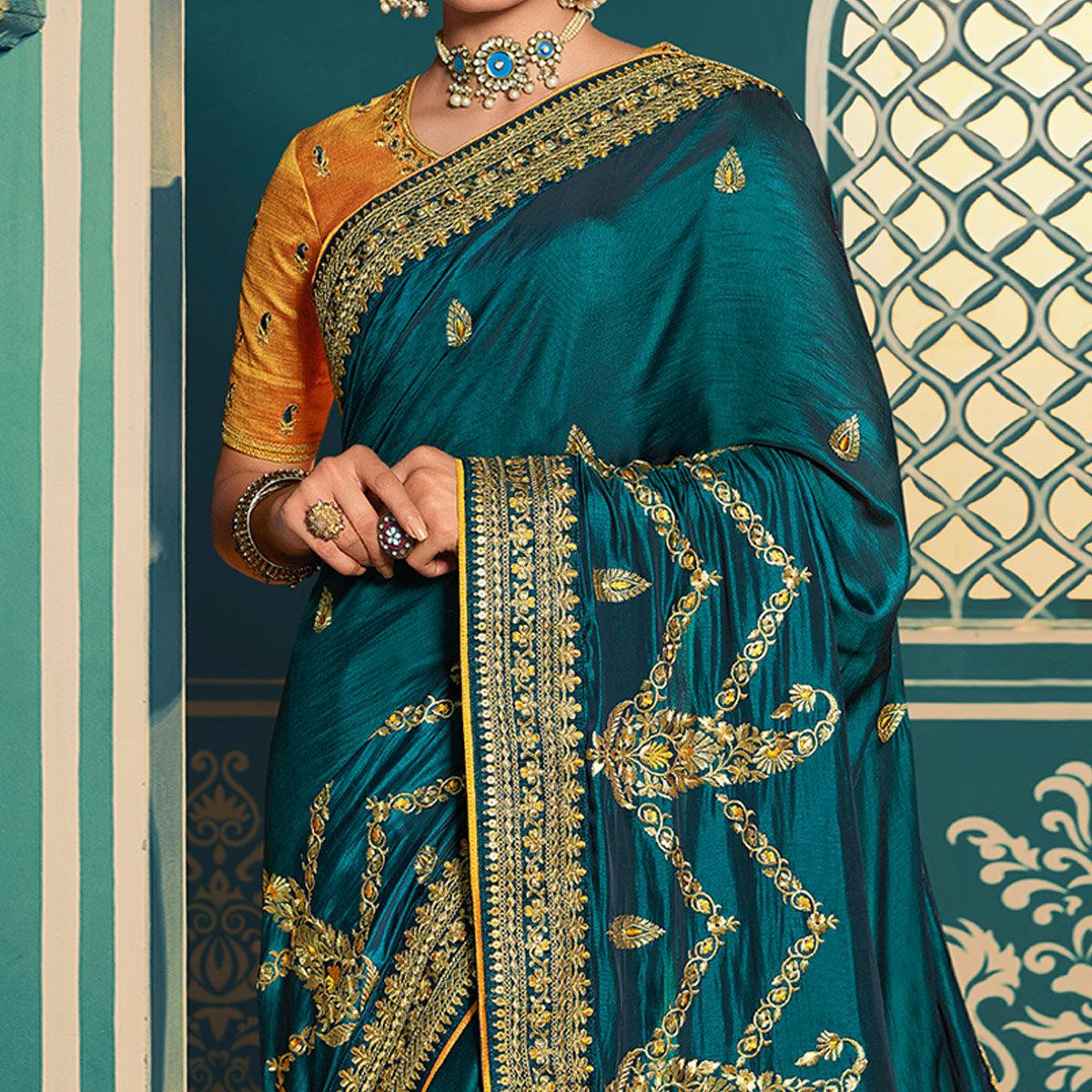 Dark Green Festive Wear Embroidered Silk Saree - Peachmode