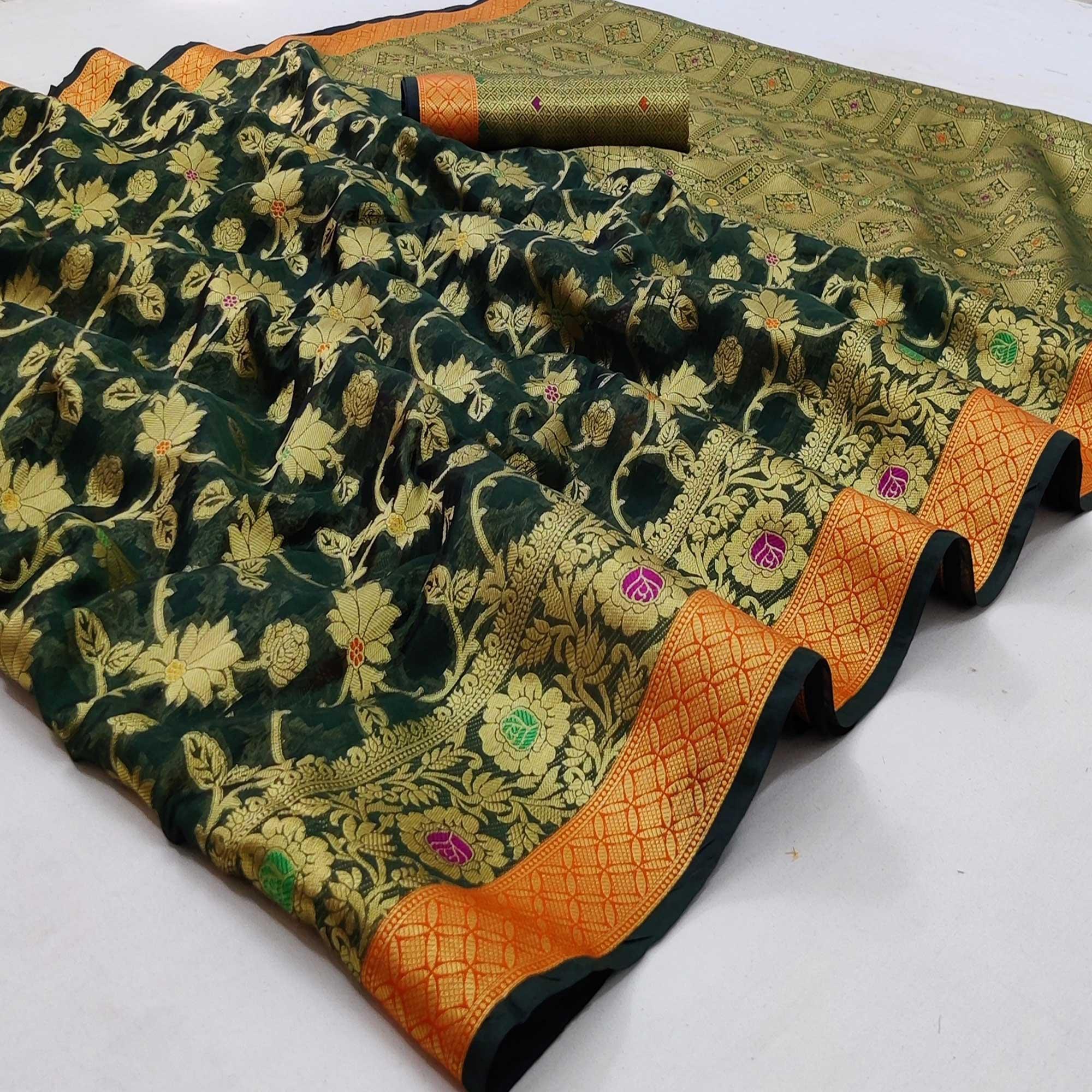 Dark Green Festive Wear Floral Woven Organza Saree - Peachmode